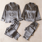 Solid Grey Satin Long Sleeve Couple Button-Down Pajamas