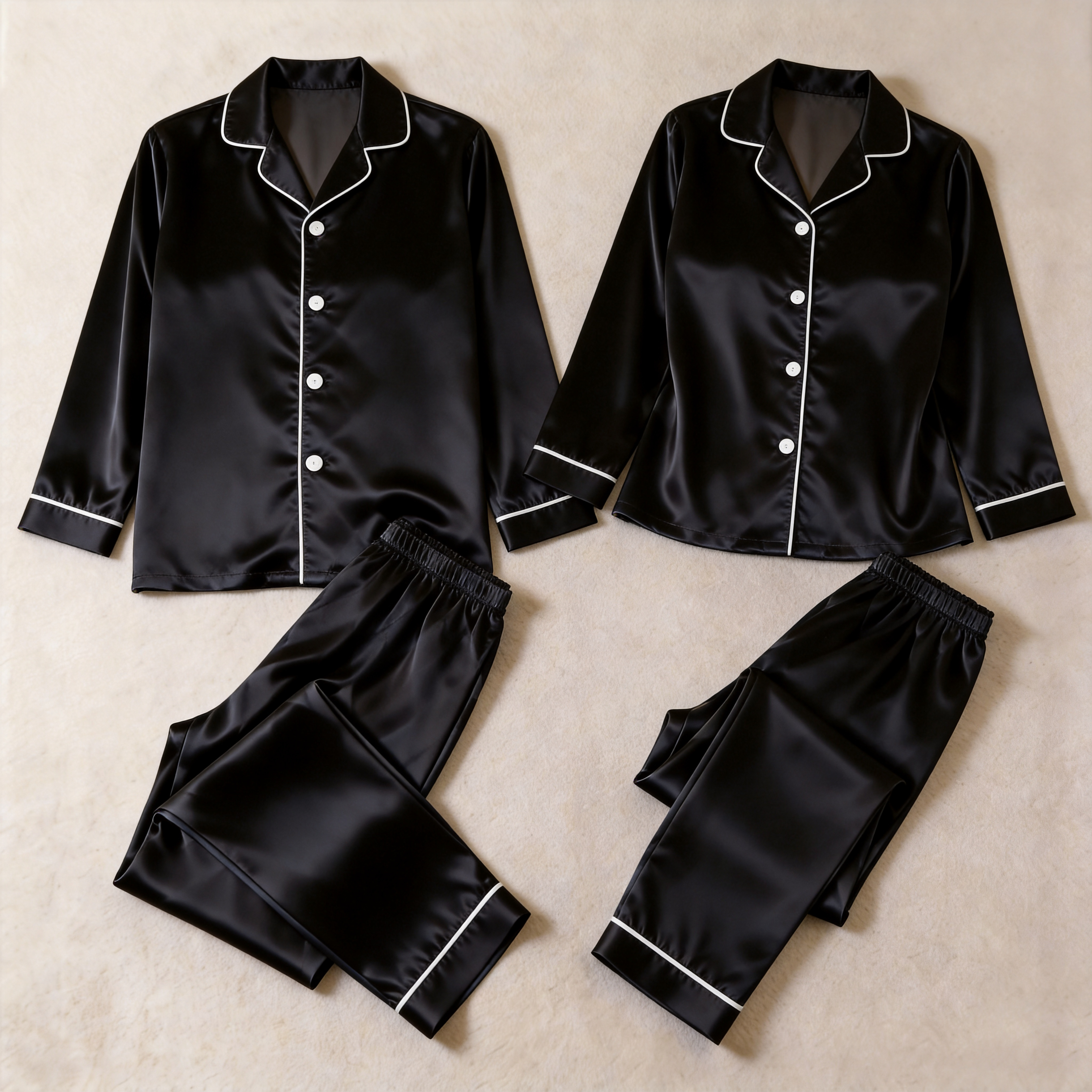 Solid Chocolate Satin Long Sleeve Couple Button-Down Pajamas