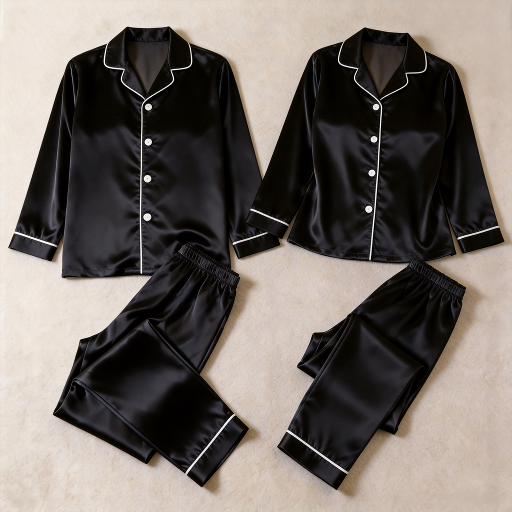 Solid Satin Long Sleeve Couple Button-Down Pajamas