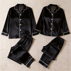 Solid Satin Long Sleeve Couple Button-Down Pajamas