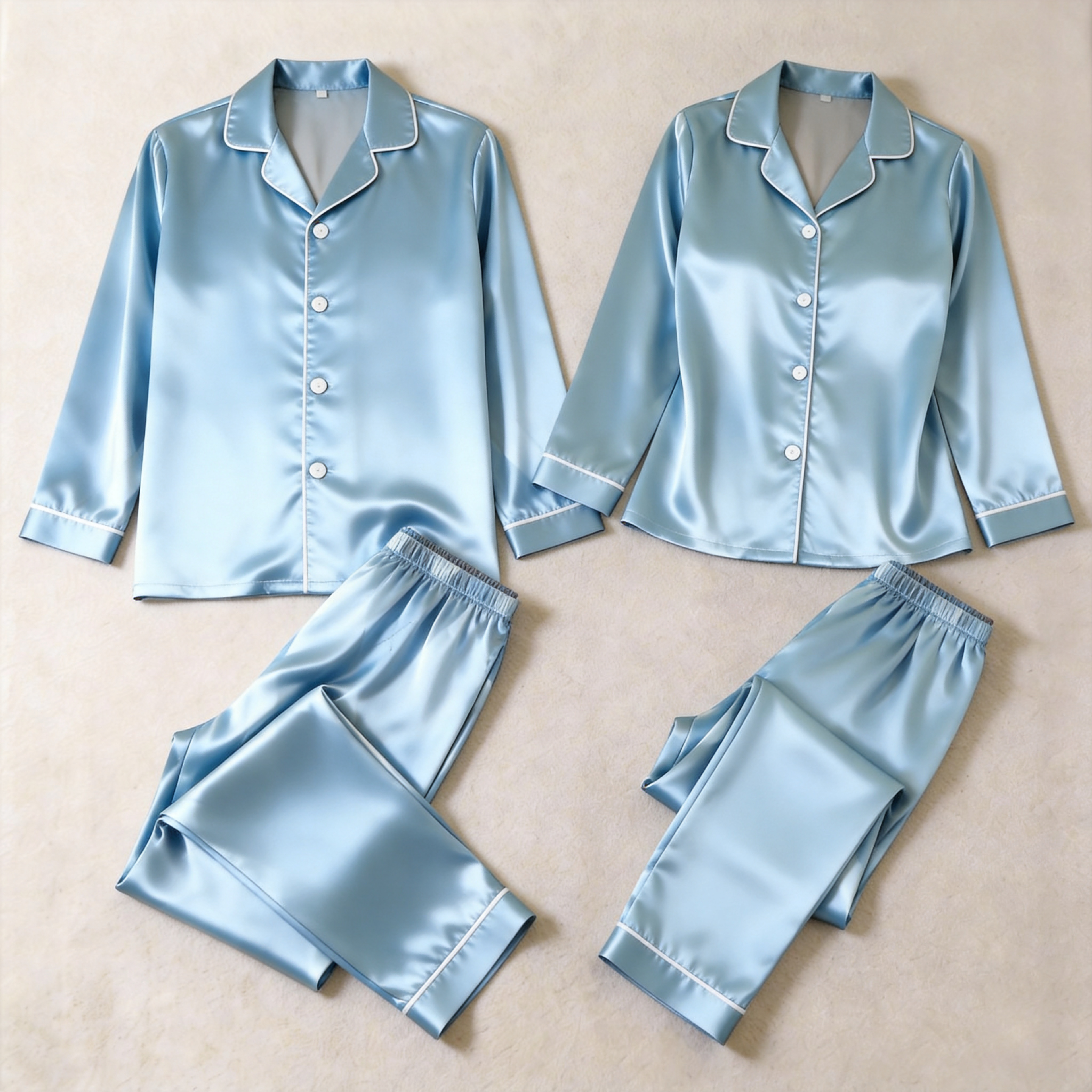 Solid Navy Satin Long Sleeve Couple Button-Down Pajamas