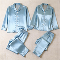 Solid BabyBlue Satin Long Sleeve Couple Button-Down Pajamas