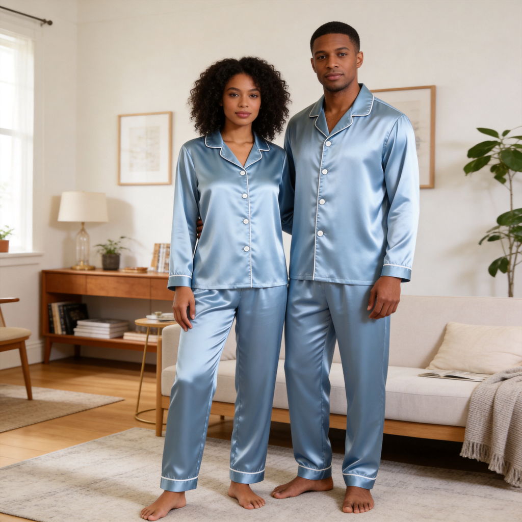 Solid Grey Satin Long Sleeve Couple Button-Down Pajamas