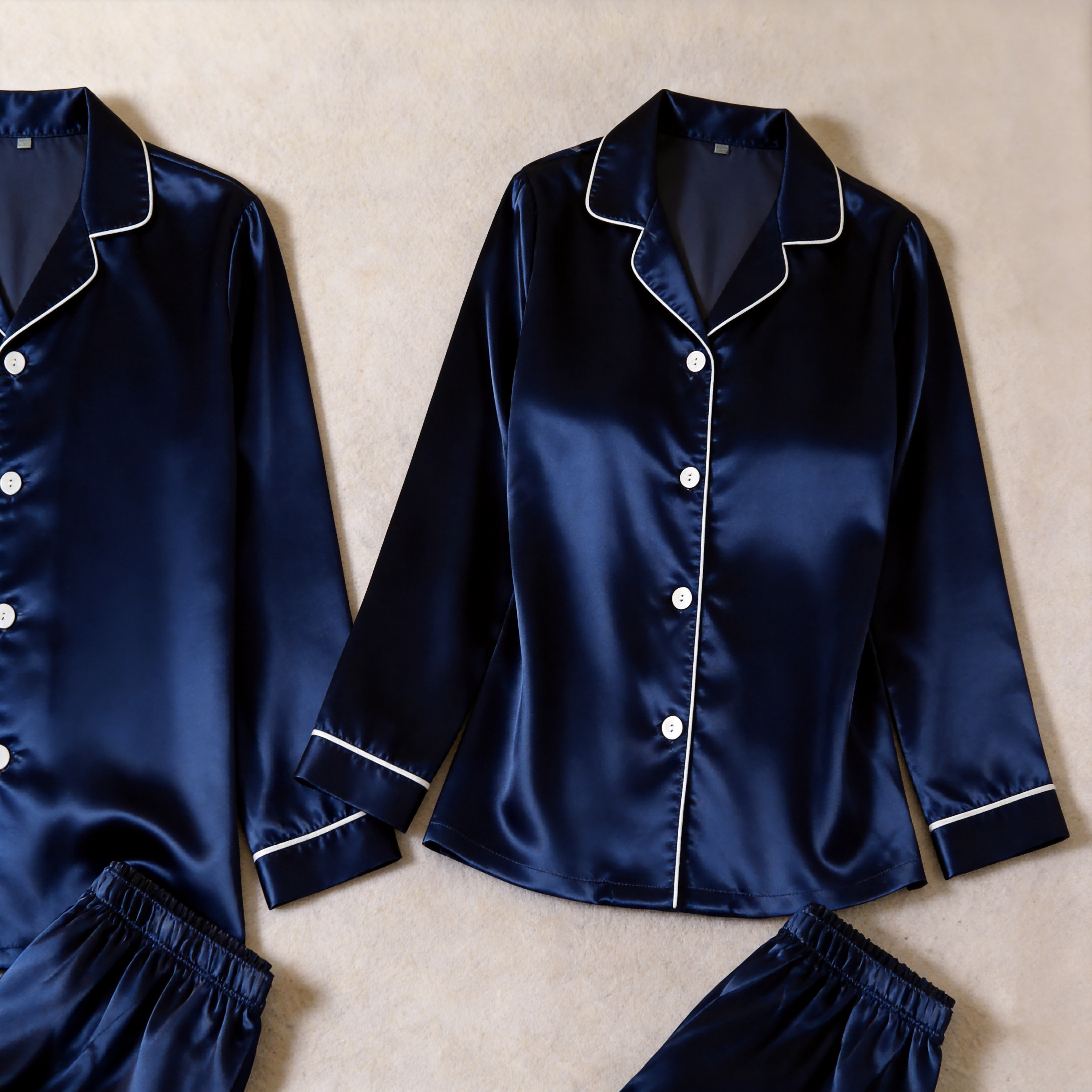 Solid Navy Satin Long Sleeve Couple Button-Down Pajamas
