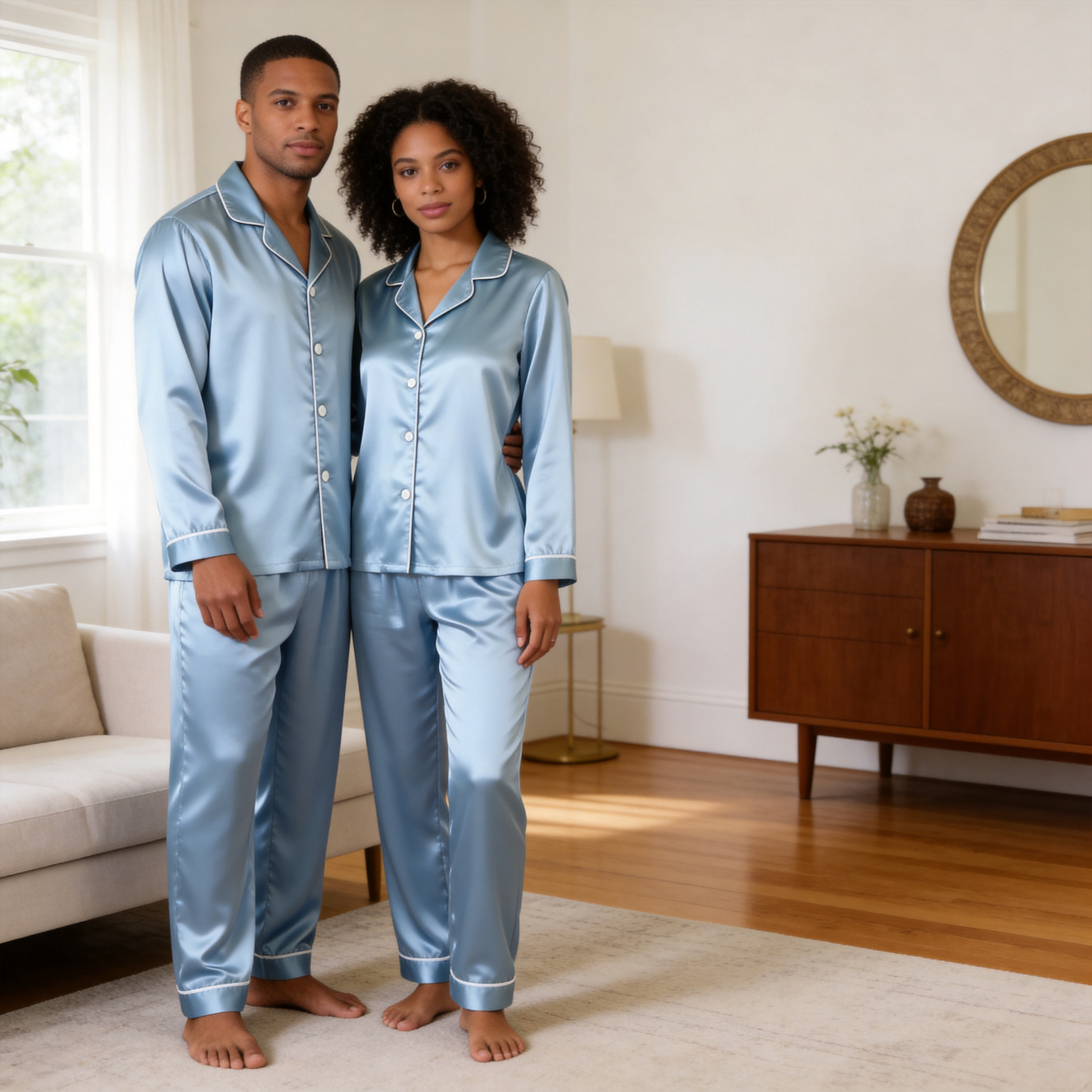 Solid BabyBlue Satin Long Sleeve Couple Button-Down Pajamas