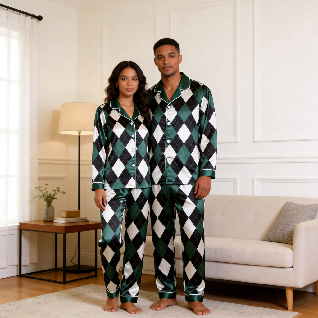Blue Argyle Satin Matching Pajamas for Couples – Long Sleeve Button-Down Top & Pants Sleepwear Set