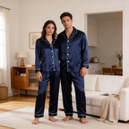 Solid Chocolate Satin Long Sleeve Couple Button-Down Pajamas