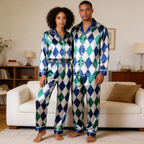 Blue Argyle Satin Matching Pajamas for Couples – Long Sleeve Button-Down Top & Pants Sleepwear Set