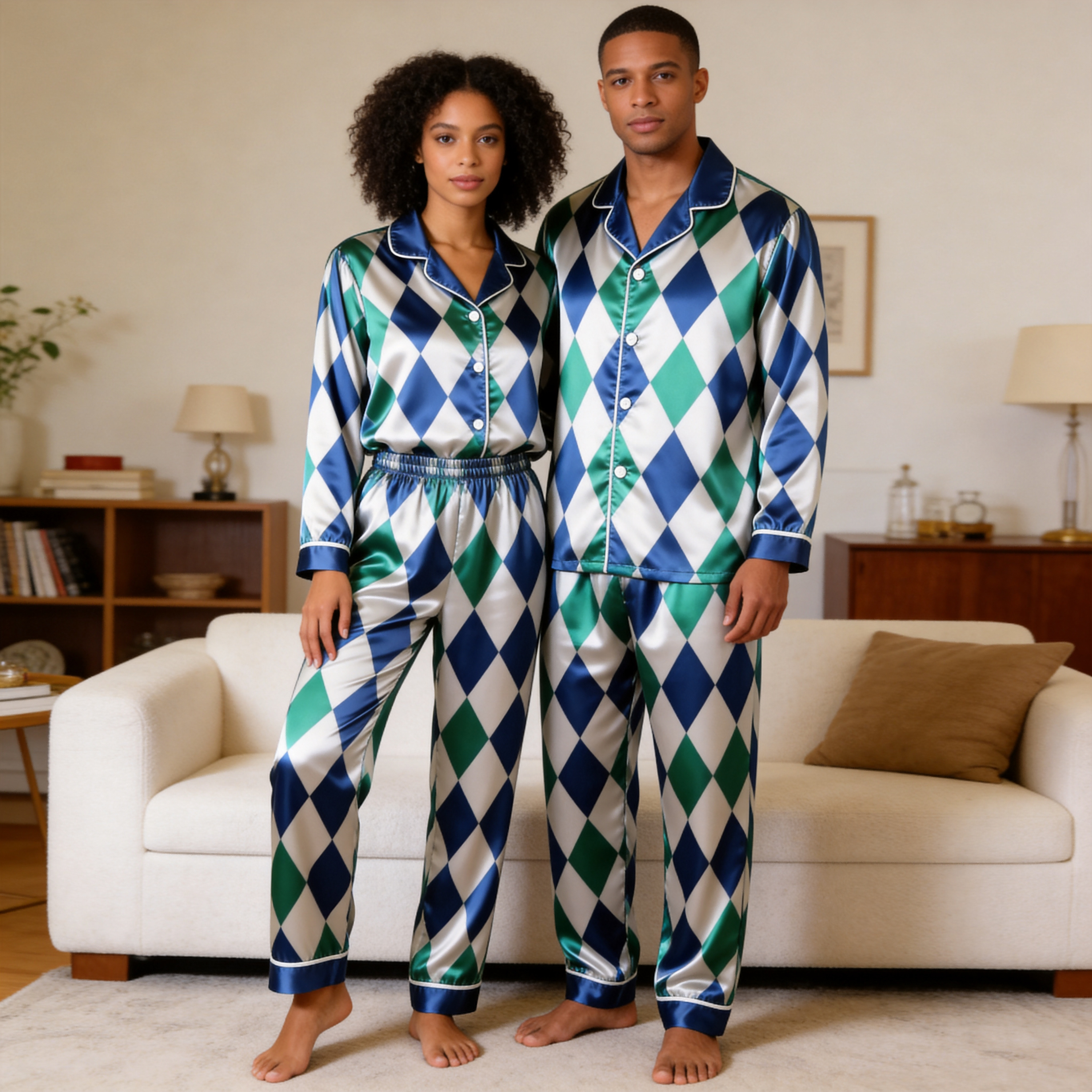 Blue Argyle Satin Matching Pajamas for Couples – Long Sleeve Button-Down Top & Pants Sleepwear Set