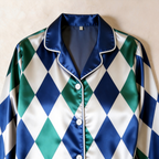 Blue Argyle Satin Matching Pajamas for Couples – Long Sleeve Button-Down Top & Pants Sleepwear Set