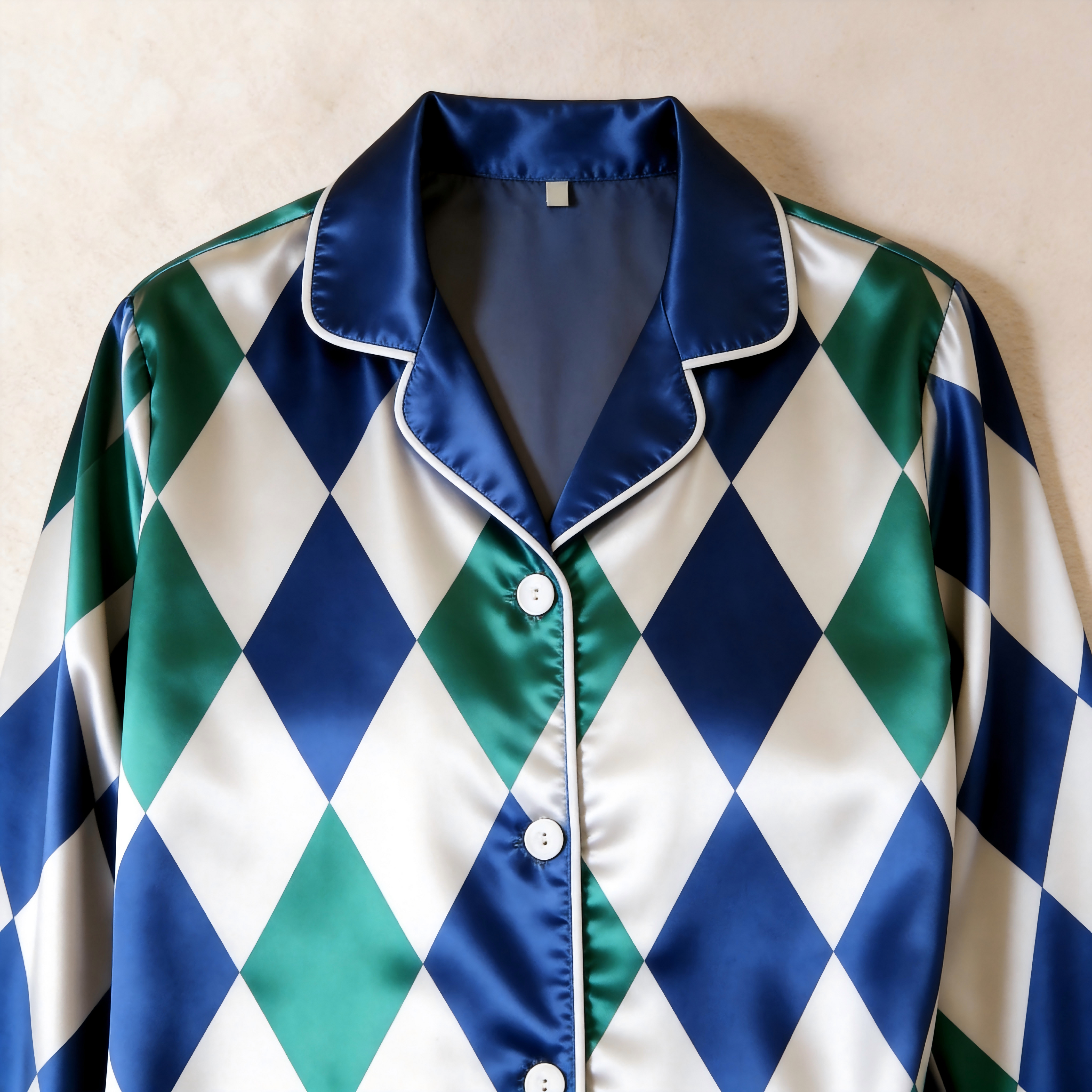 Blue Argyle Satin Matching Pajamas for Couples – Long Sleeve Button-Down Top & Pants Sleepwear Set