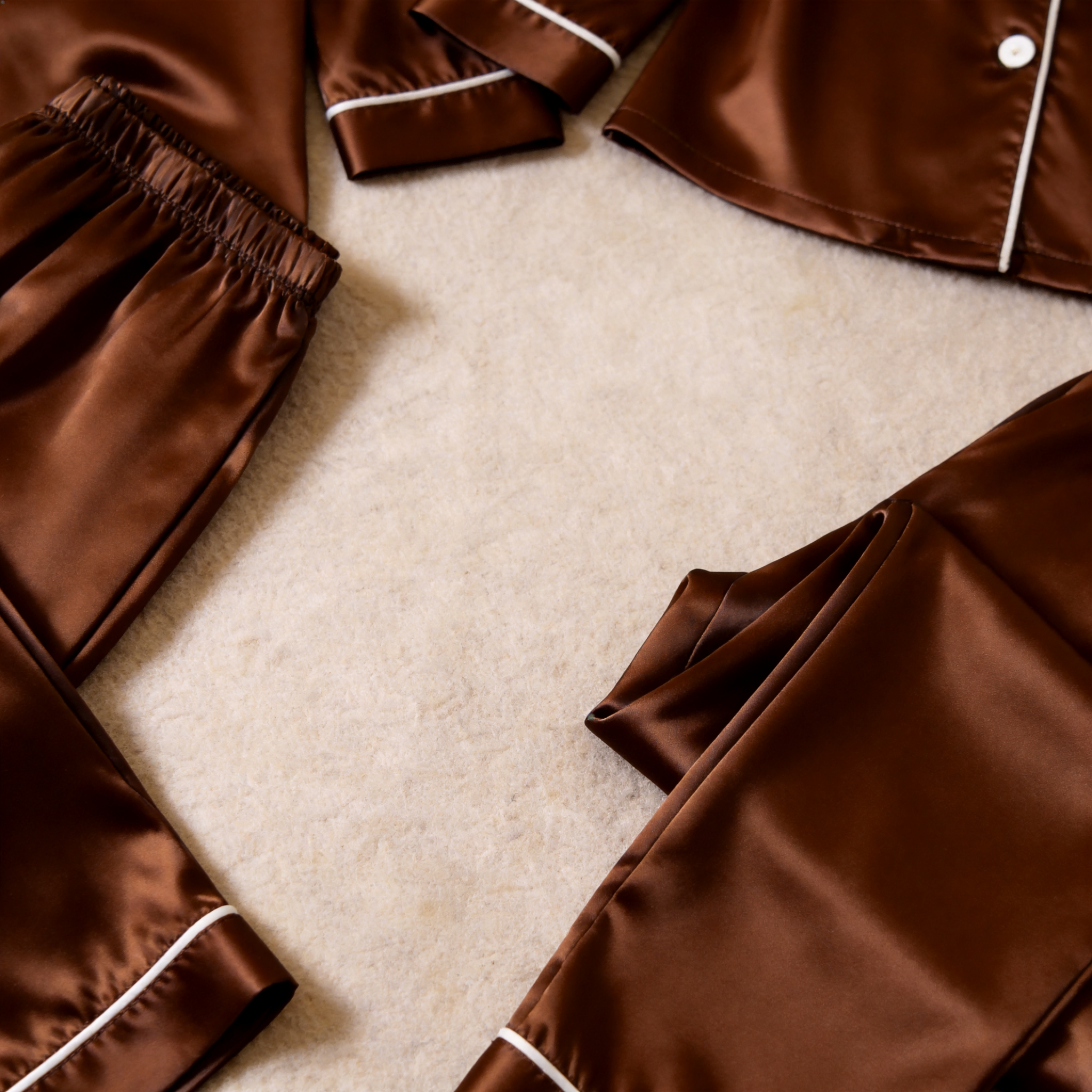 Solid Chocolate Satin Long Sleeve Couple Button-Down Pajamas