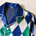 Blue Argyle Satin Matching Pajamas for Couples – Long Sleeve Button-Down Top & Pants Sleepwear Set