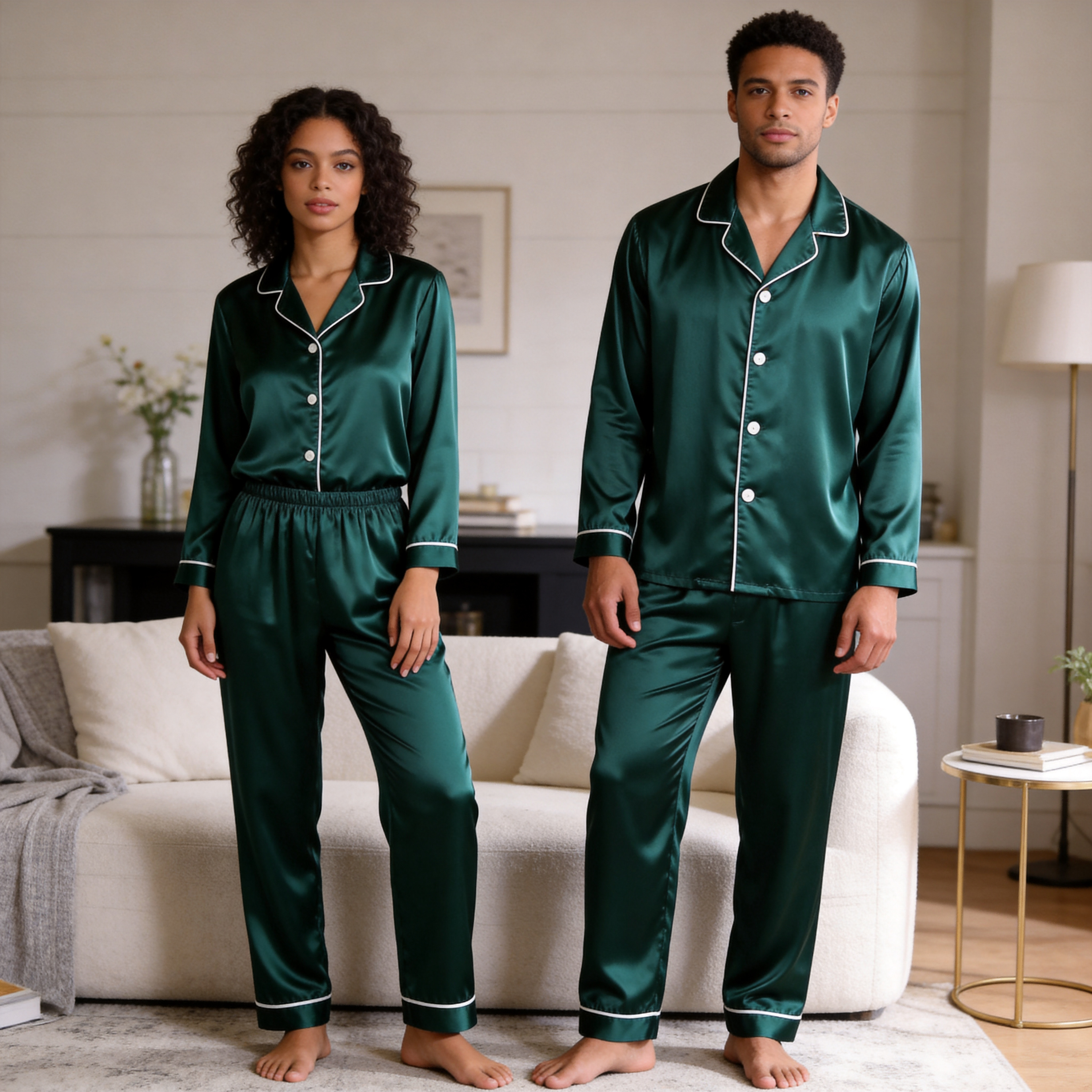 Solid Satin Long Sleeve Couple Button-Down Pajamas