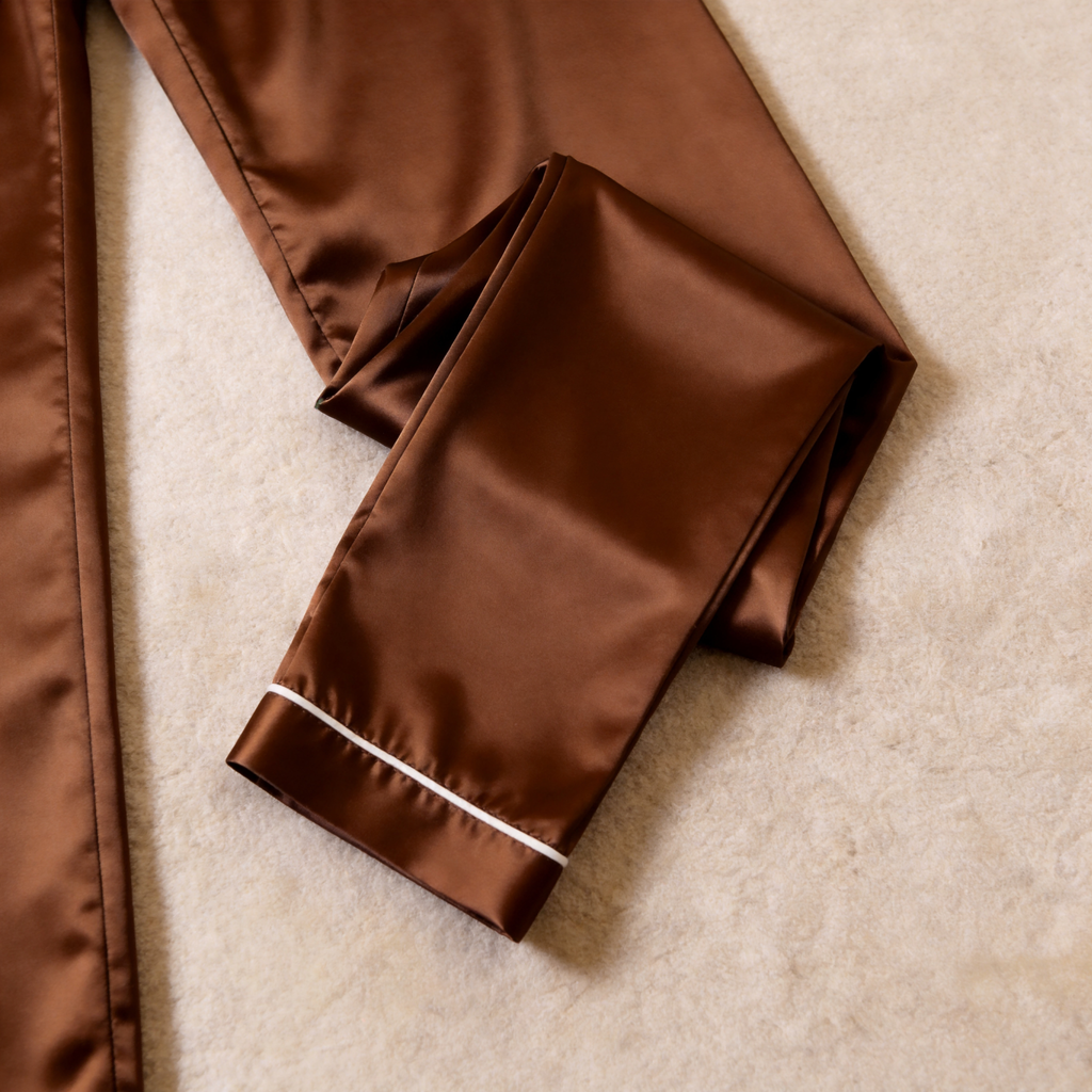 Solid Chocolate Satin Long Sleeve Couple Button-Down Pajamas
