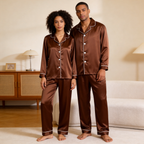 Solid Chocolate Satin Long Sleeve Couple Button-Down Pajamas