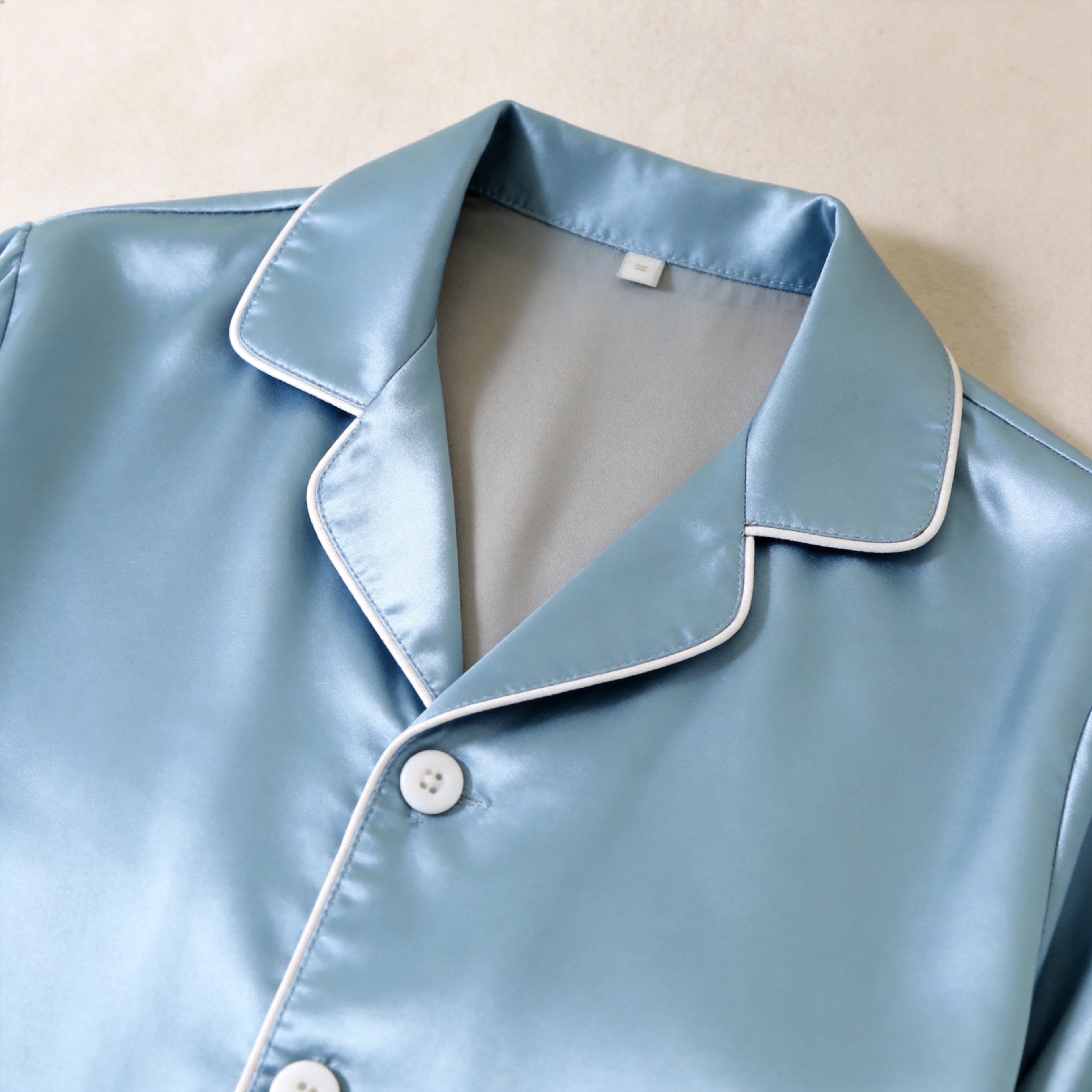 Solid BabyBlue Satin Long Sleeve Couple Button-Down Pajamas