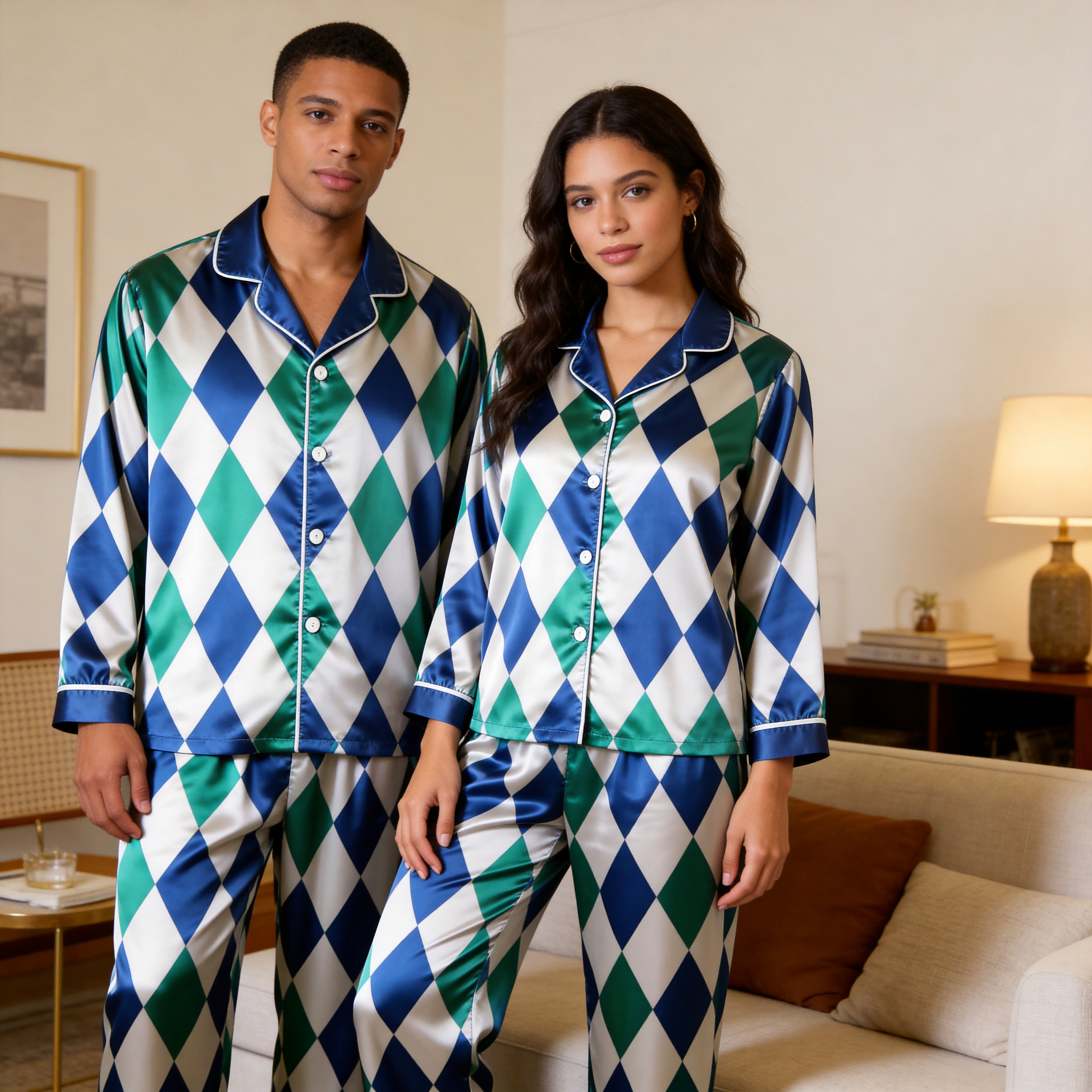 Blue Argyle Satin Matching Pajamas for Couples – Long Sleeve Button-Down Top & Pants Sleepwear Set