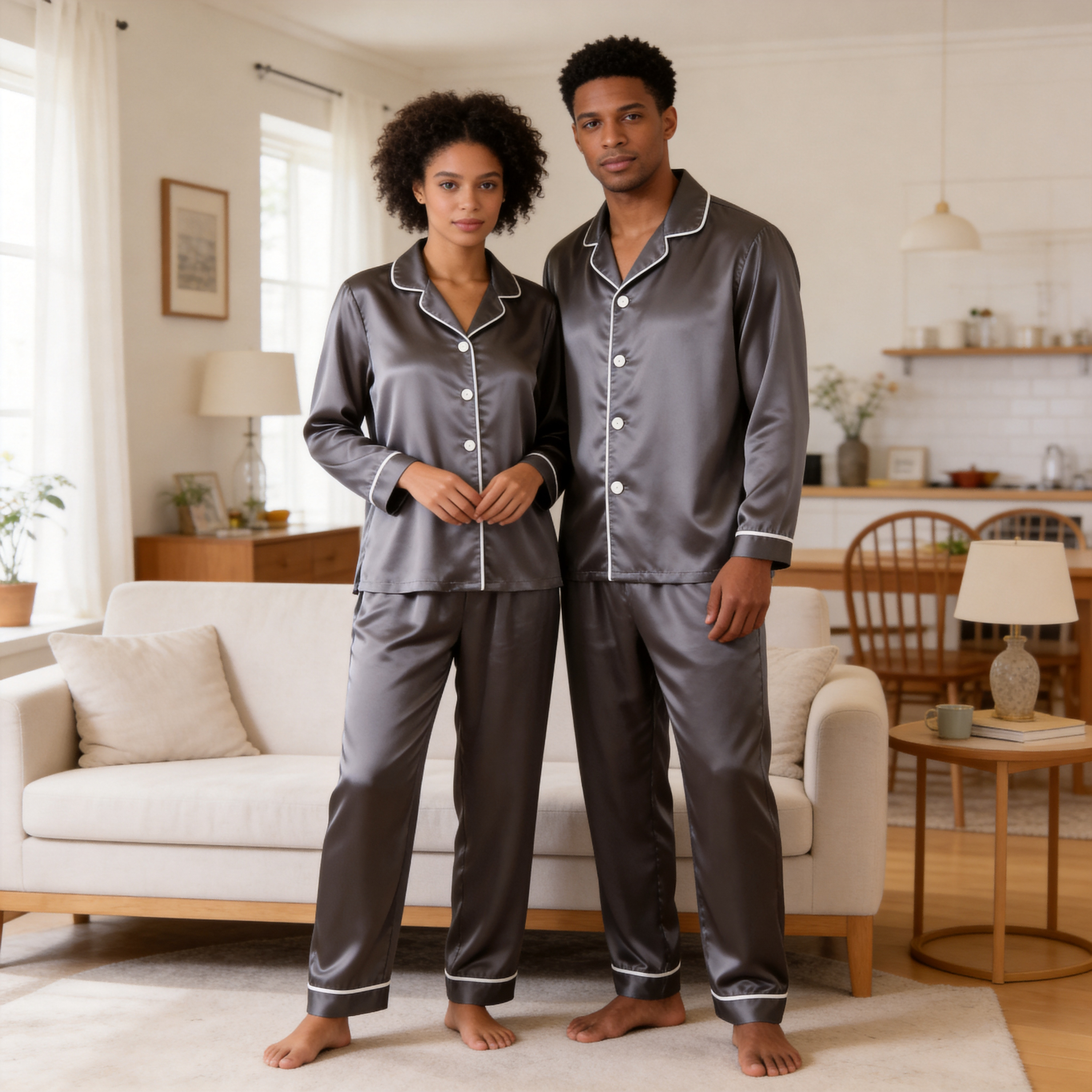Solid Grey Satin Long Sleeve Couple Button-Down Pajamas