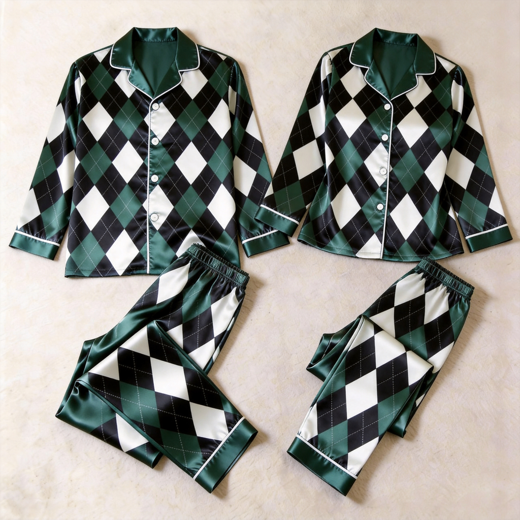Blue Argyle Satin Matching Pajamas for Couples – Long Sleeve Button-Down Top & Pants Sleepwear Set