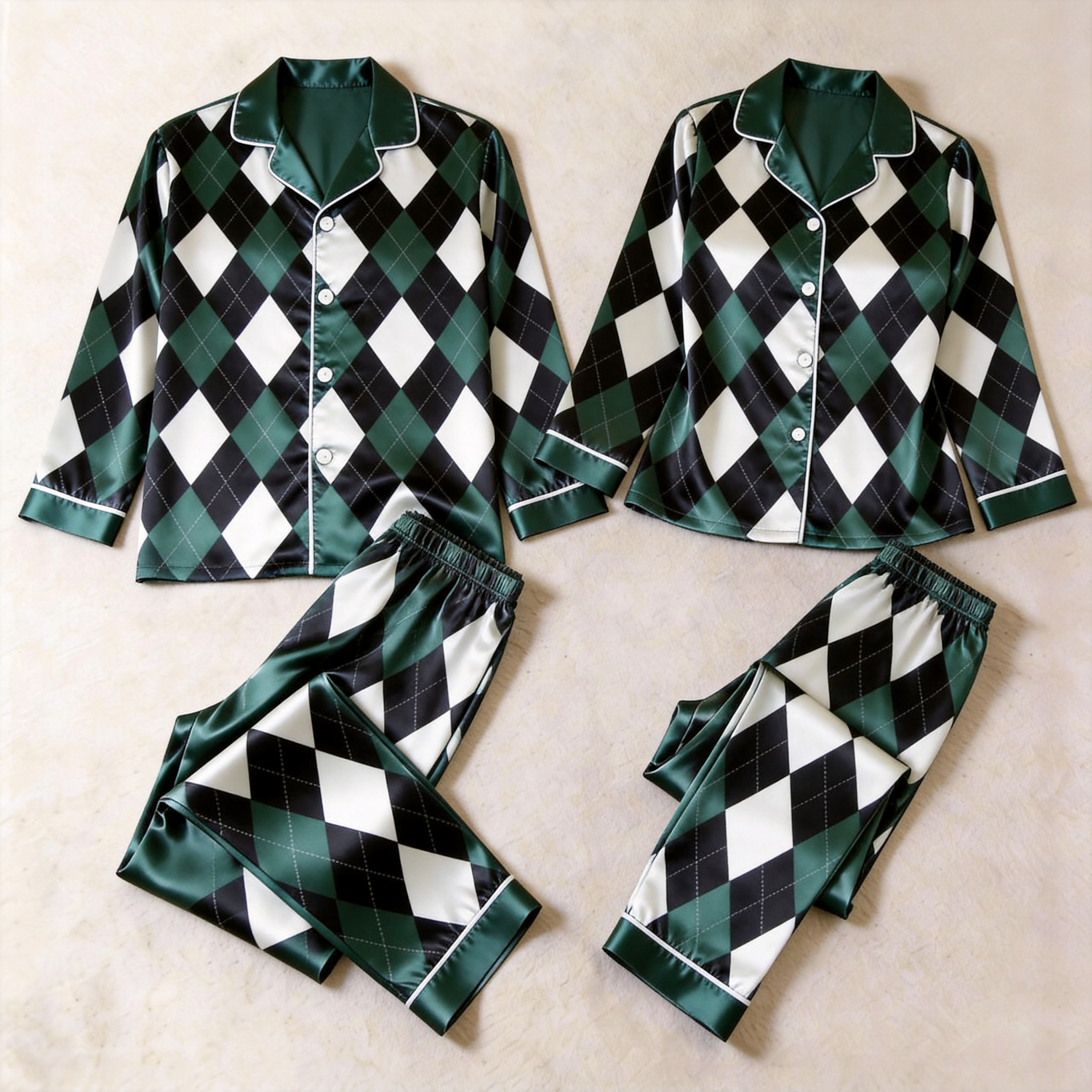 Blue Argyle Satin Matching Pajamas for Couples – Long Sleeve Button-Down Top & Pants Sleepwear Set