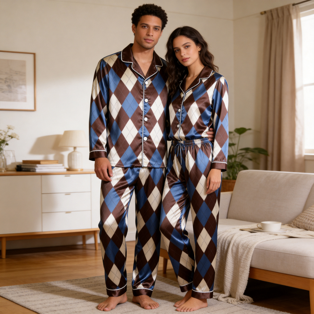 Blue Argyle Satin Matching Pajamas for Couples – Long Sleeve Button-Down Top & Pants Sleepwear Set