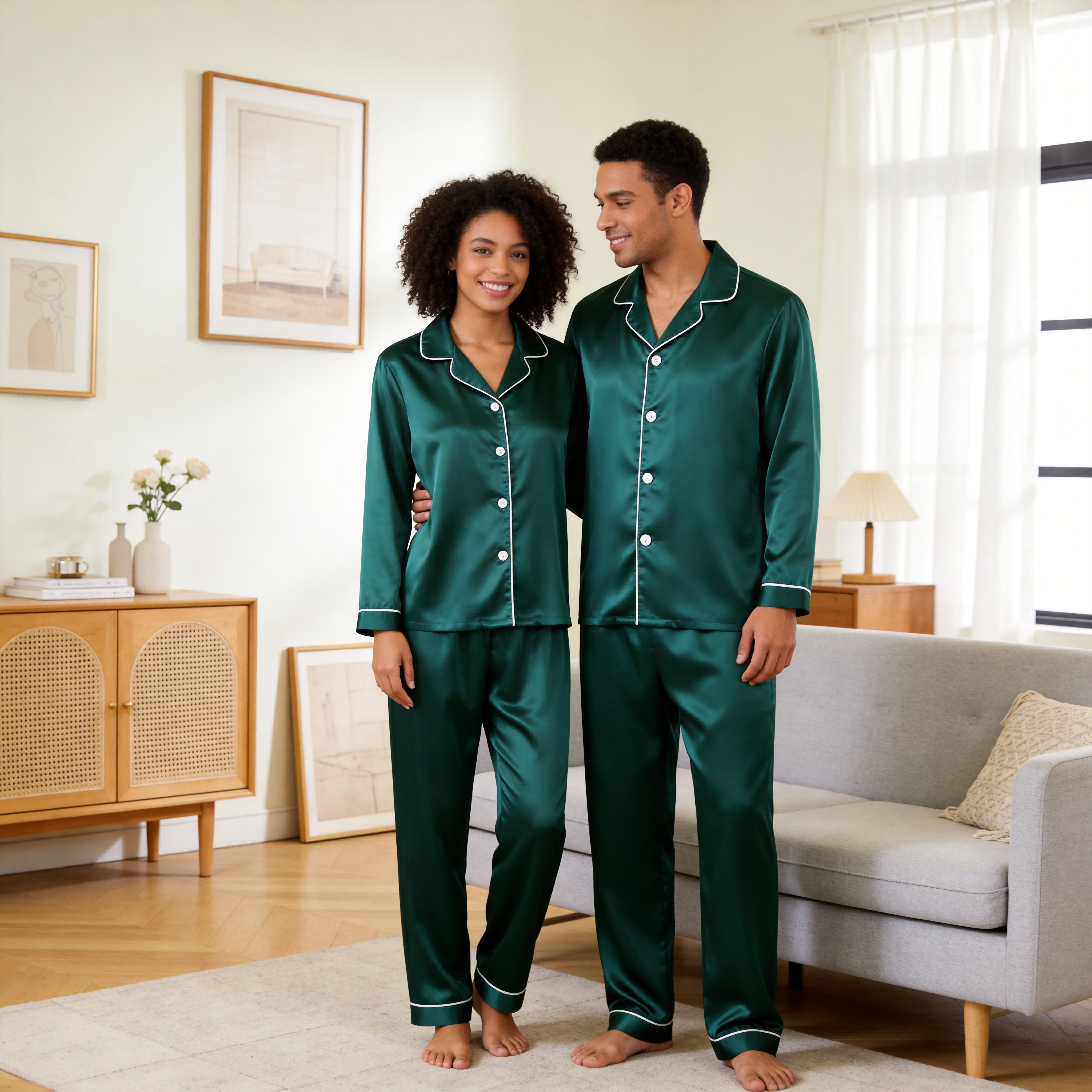 Solid Satin Long Sleeve Couple Button-Down Pajamas