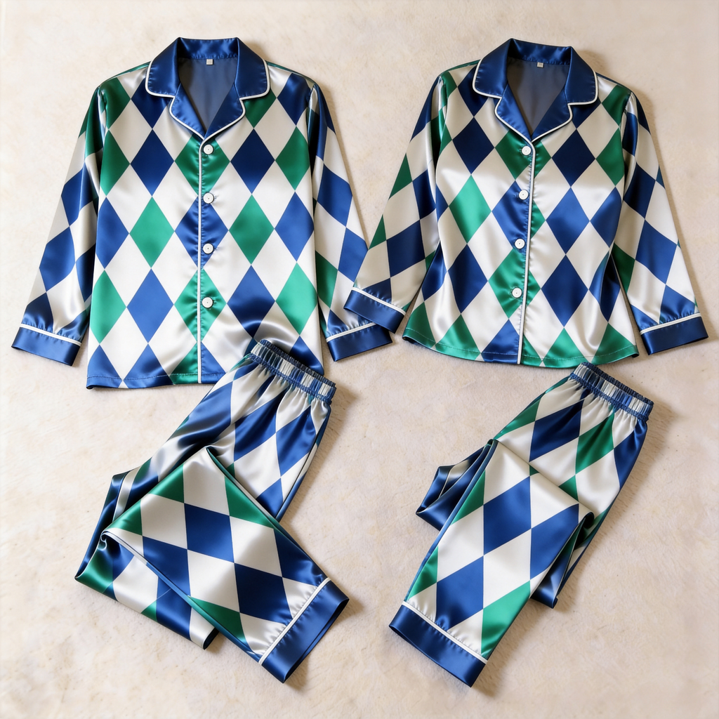 Blue Argyle Satin Matching Pajamas for Couples – Long Sleeve Button-Down Top & Pants Sleepwear Set