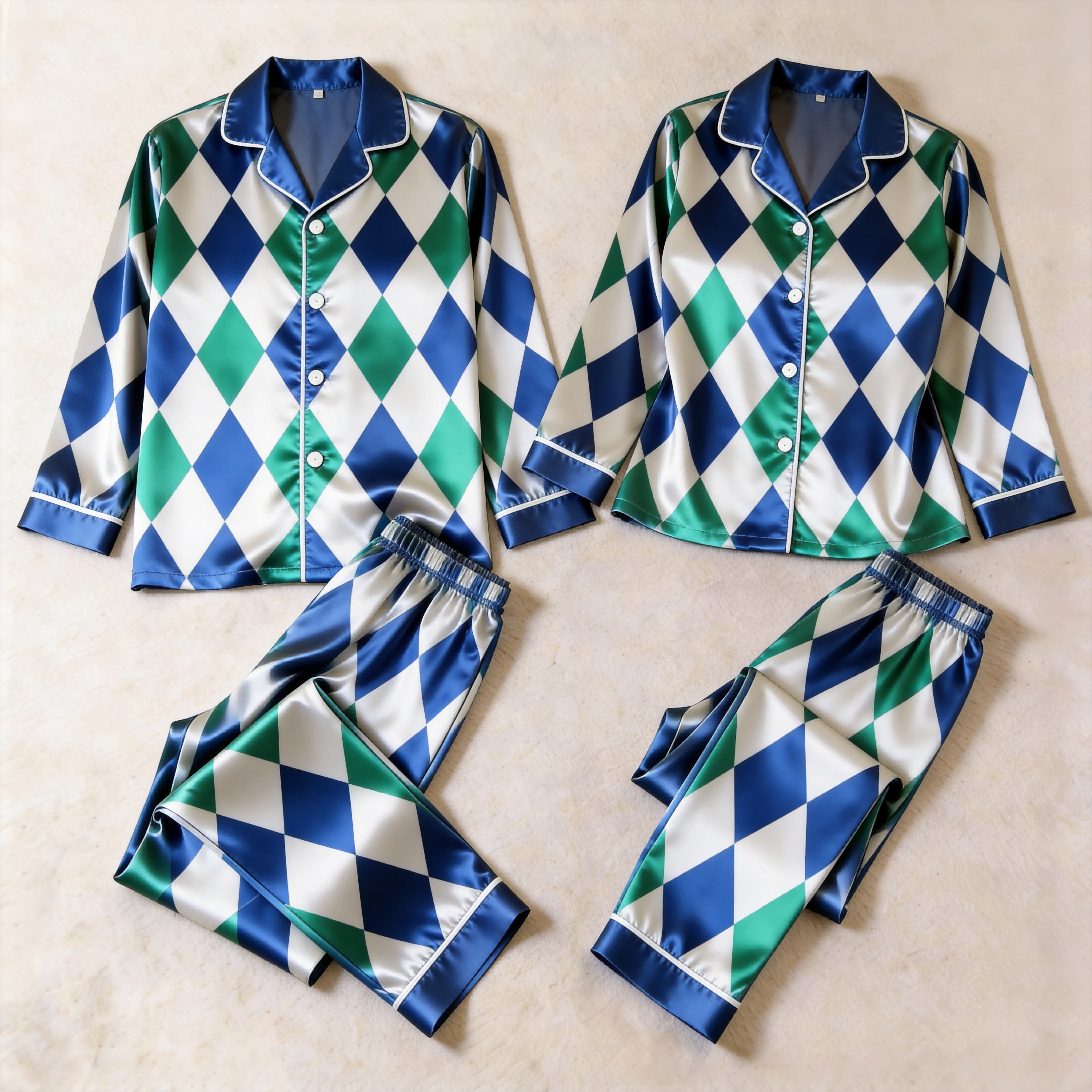 Blue Argyle Satin Matching Pajamas for Couples – Long Sleeve Button-Down Top & Pants Sleepwear Set