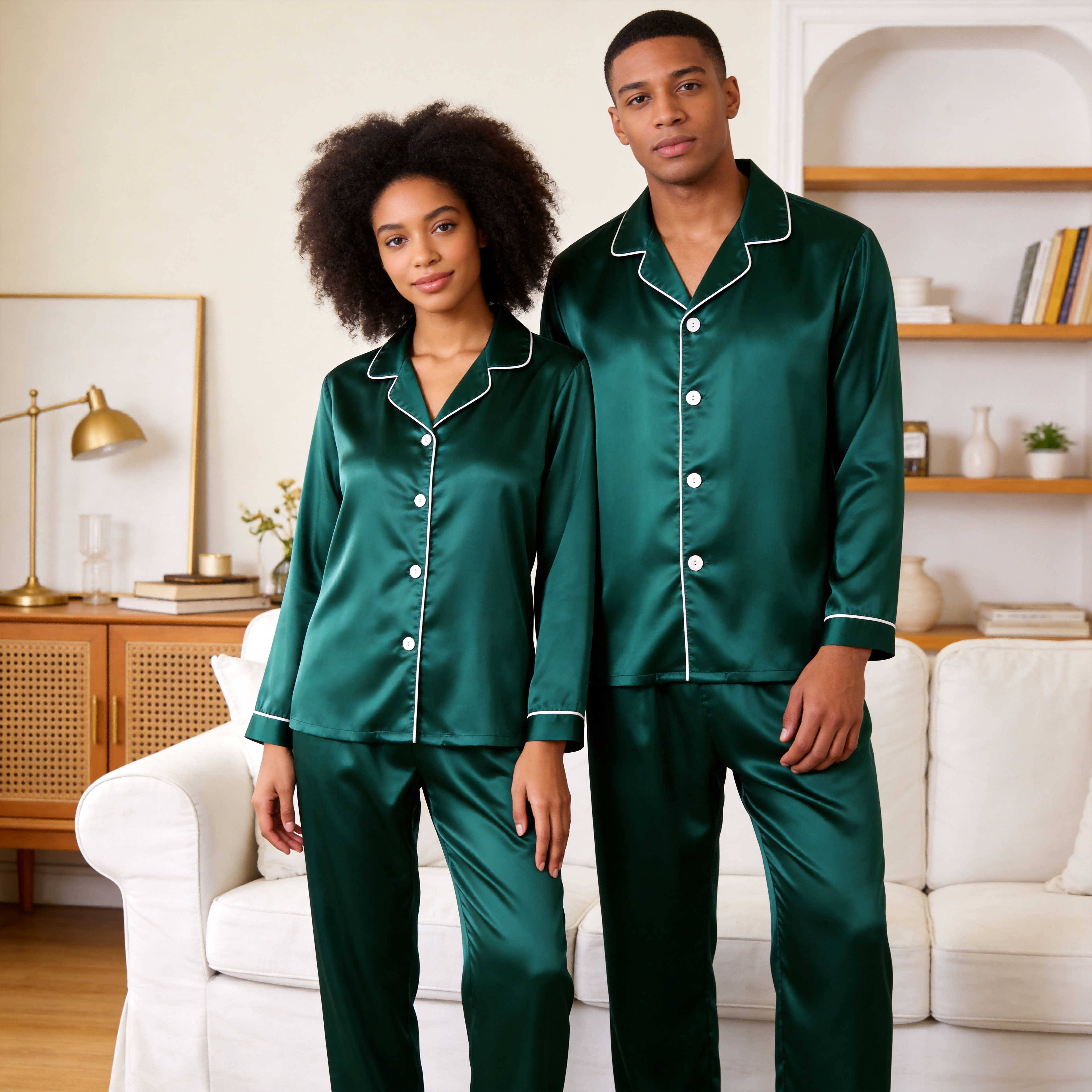 Solid Satin Long Sleeve Couple Button-Down Pajamas
