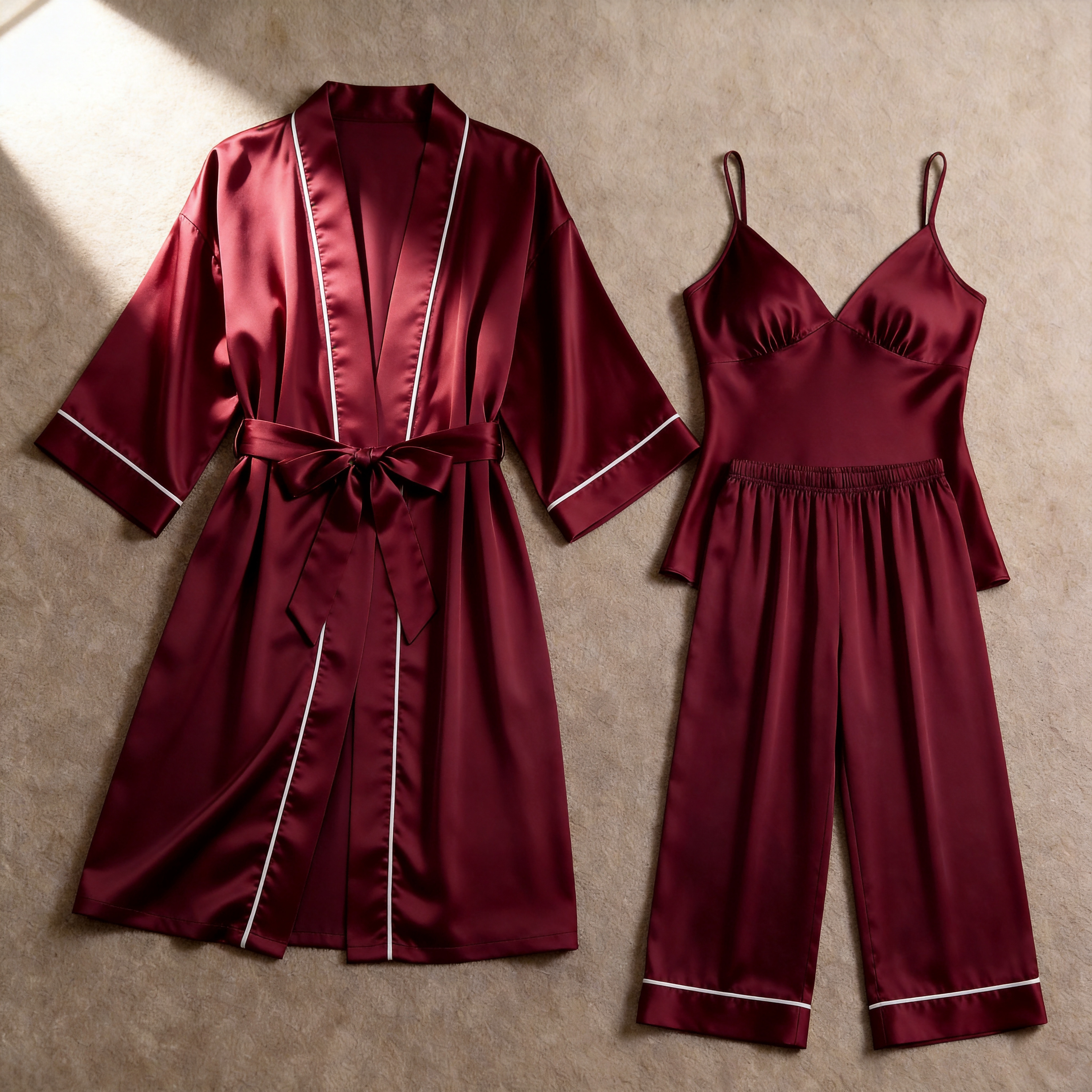Solid Dusty Rose Silky Satin Sleepwear Set - Women's Cozy Camisole, Long Pants & Matching Robe