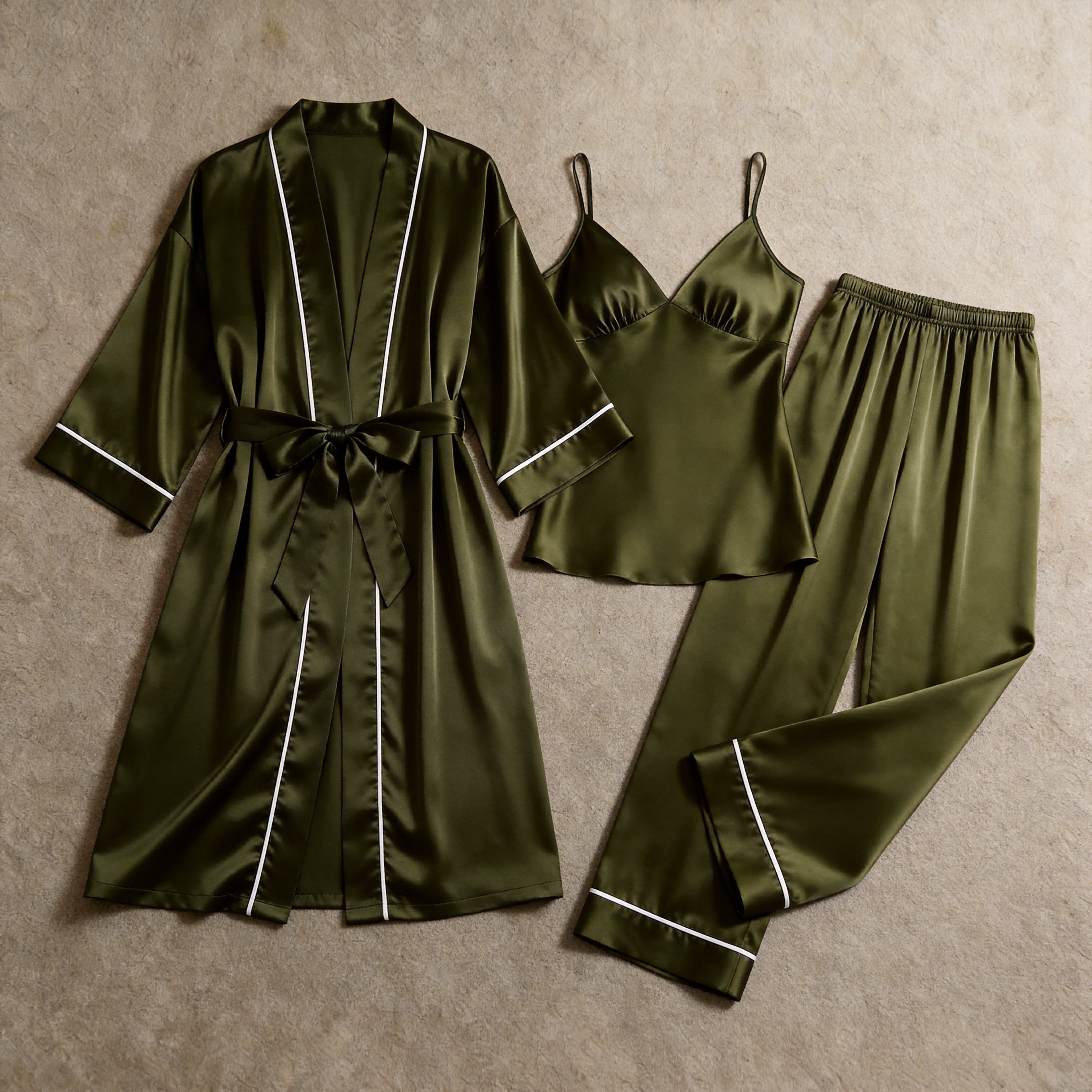 Solid Pearl White Silky Satin Sleepwear Set - Women's Cozy Camisole, Long Pants & Matching Robe