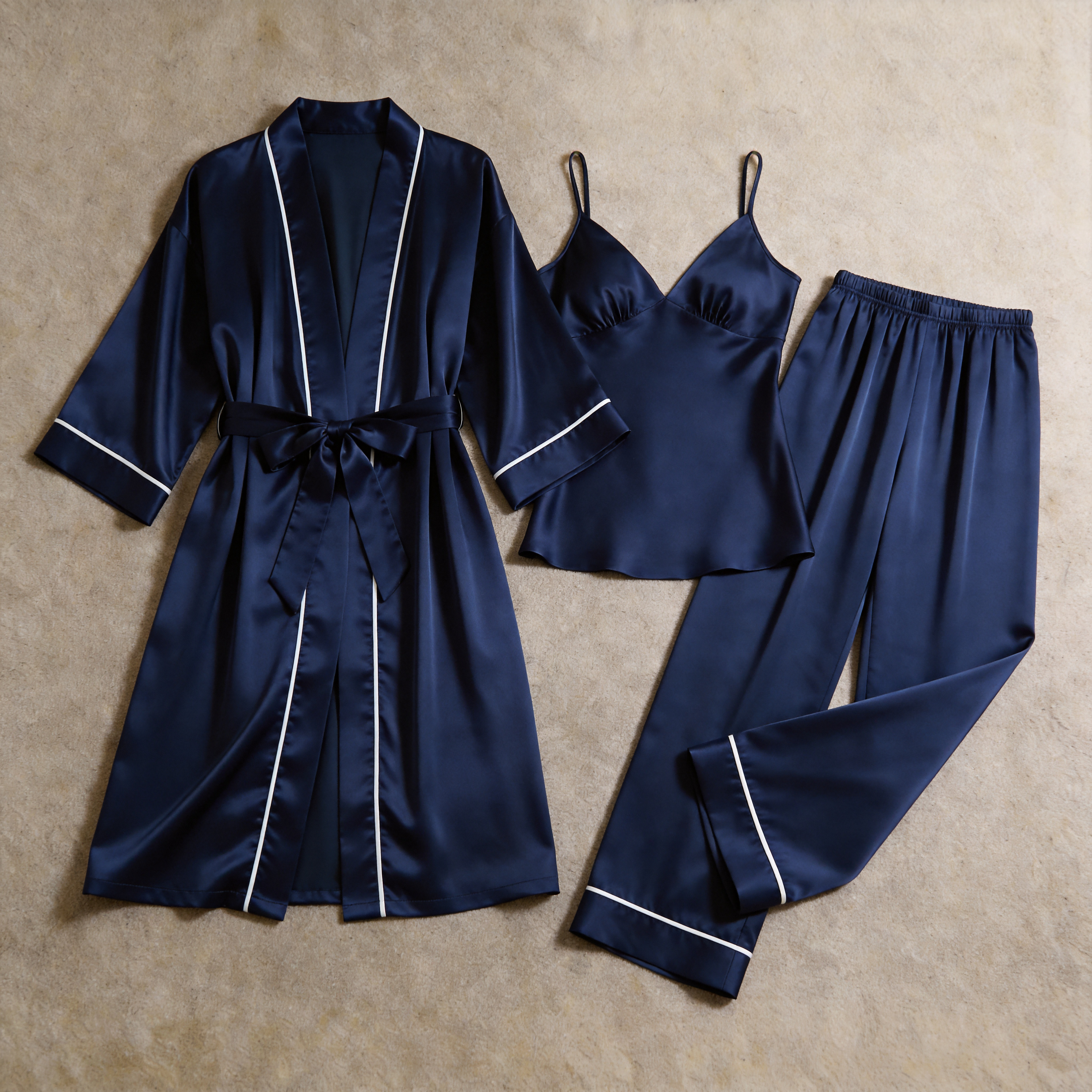 Solid Pearl White Silky Satin Sleepwear Set - Women's Cozy Camisole, Long Pants & Matching Robe