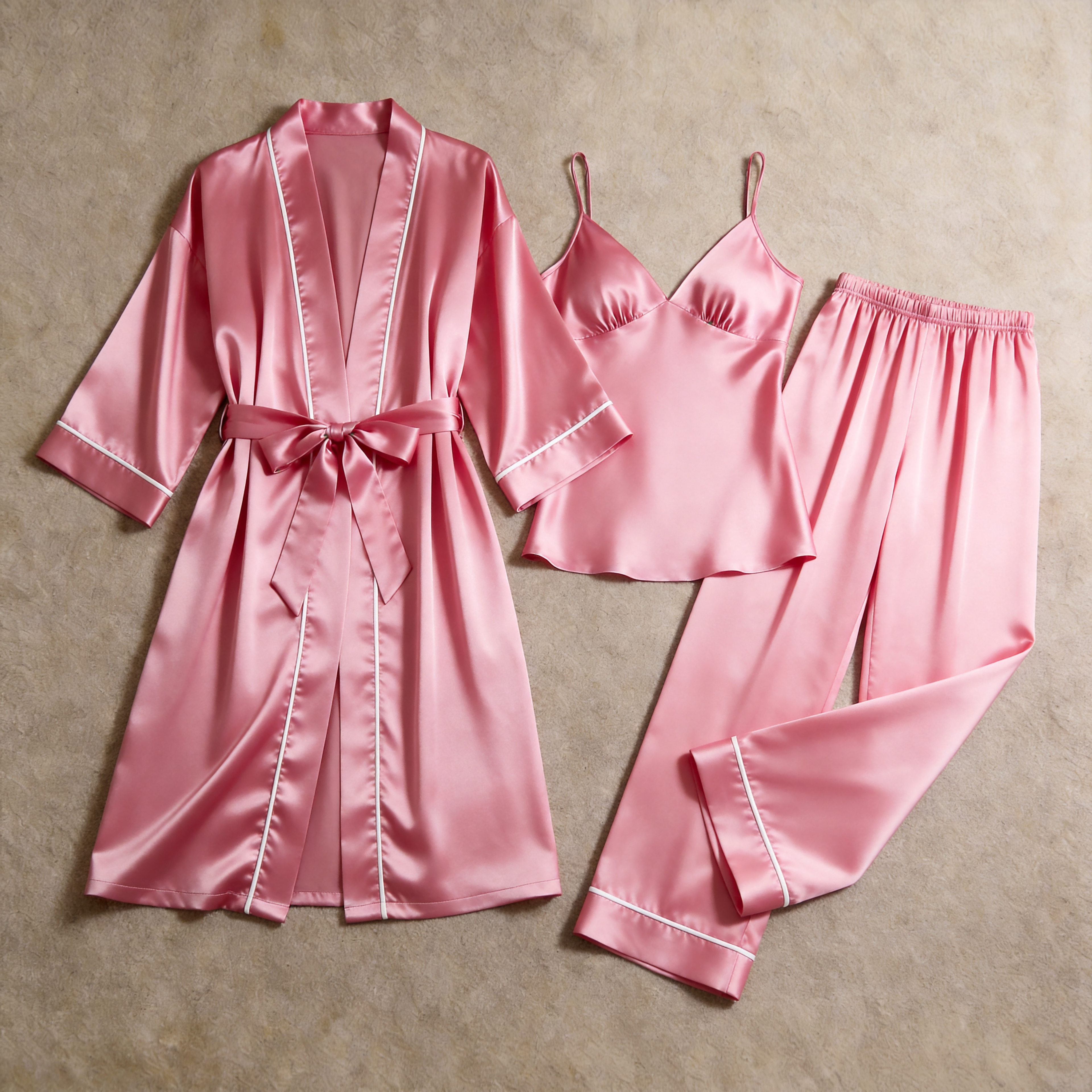 Women Solid Champagne Silky Satin Sleepwear Set - Cozy Camisole, Long Pants & Matching Robe