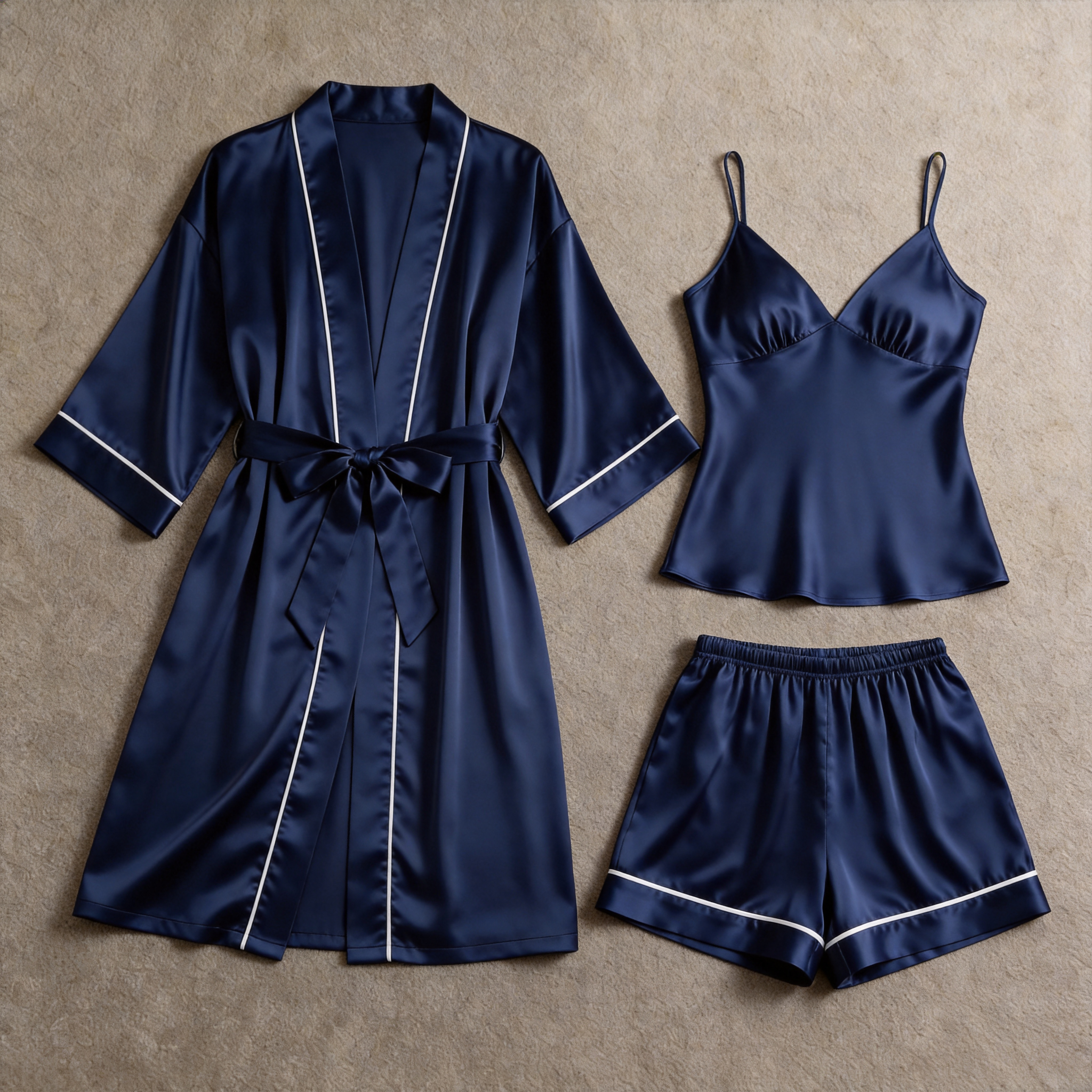 Solid Moonlight Silver Satin 3-Piece Sleepwear Set for Women - Robe, Camisole & Shorts