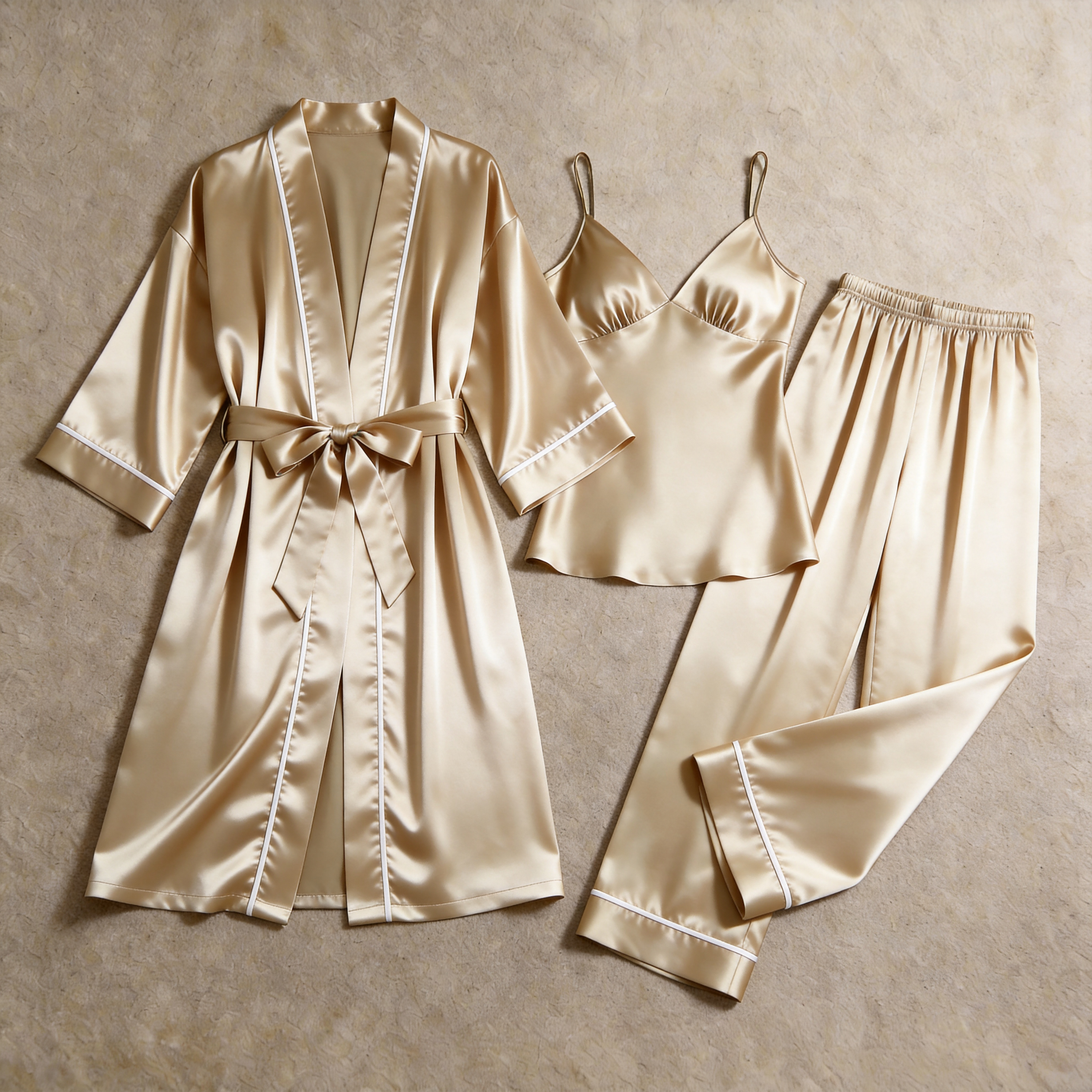 Solid Pearl White Silky Satin Sleepwear Set - Women's Cozy Camisole, Long Pants & Matching Robe
