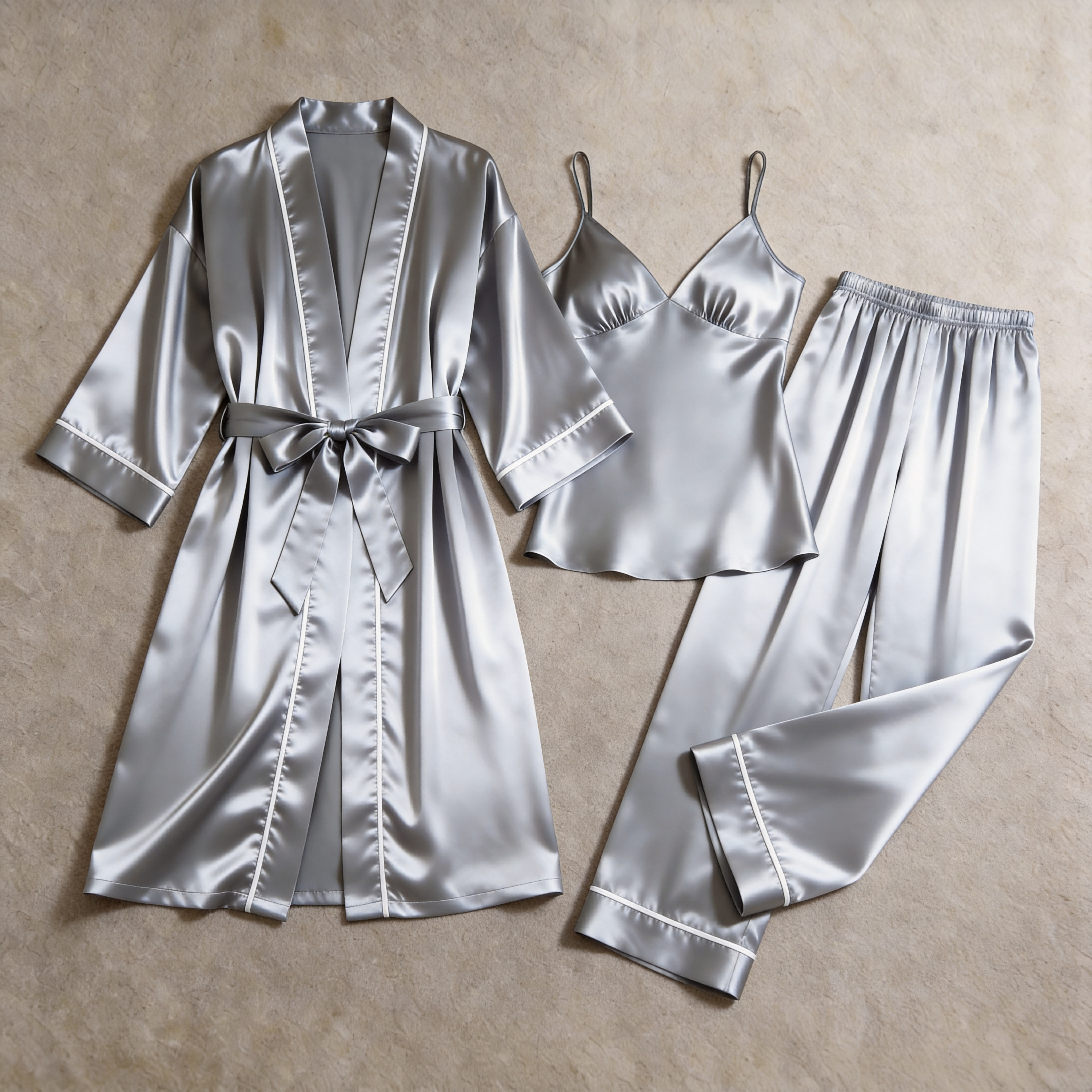 Solid Sage Green Silky Satin Sleepwear Set - Women's Cozy Camisole, Long Pants & Matching Robe