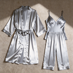 Solid Pearl White Silky Satin Sleepwear Set - Women's Cozy Camisole, Long Pants & Matching Robe
