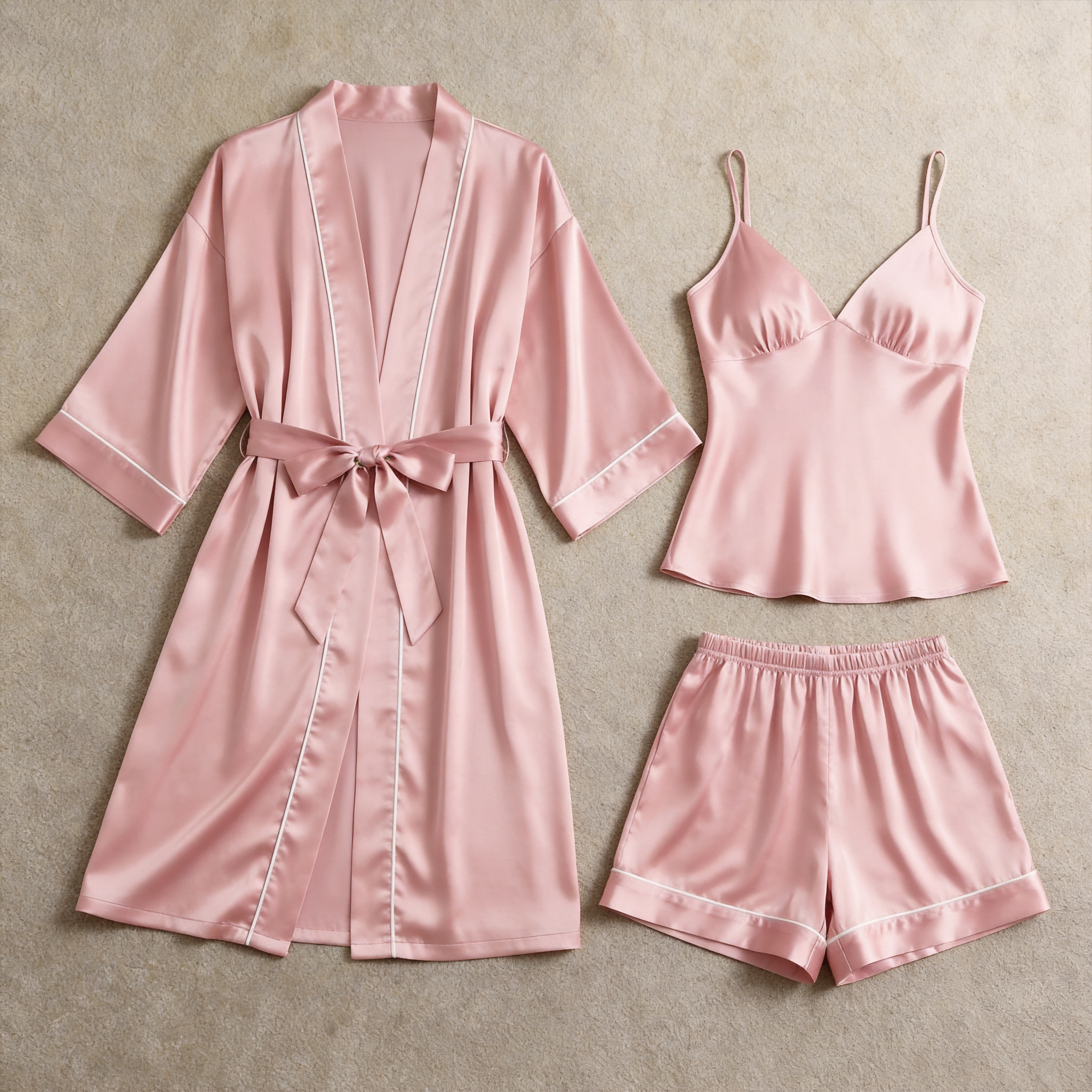 Solid Sage Green Satin 3-Piece Sleepwear Set for Women - Robe, Camisole & Shorts