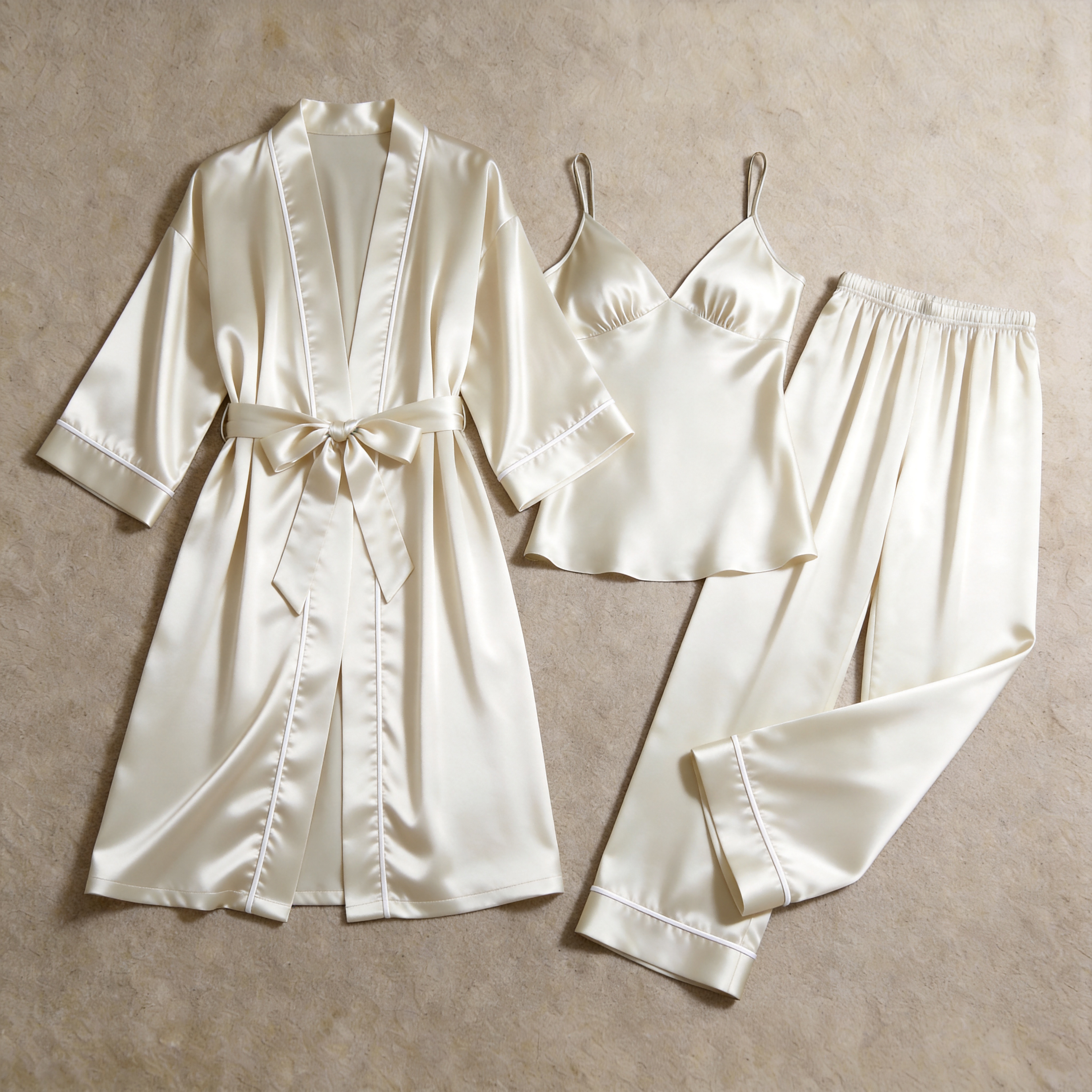 Solid Dusty Rose Silky Satin Sleepwear Set - Women's Cozy Camisole, Long Pants & Matching Robe