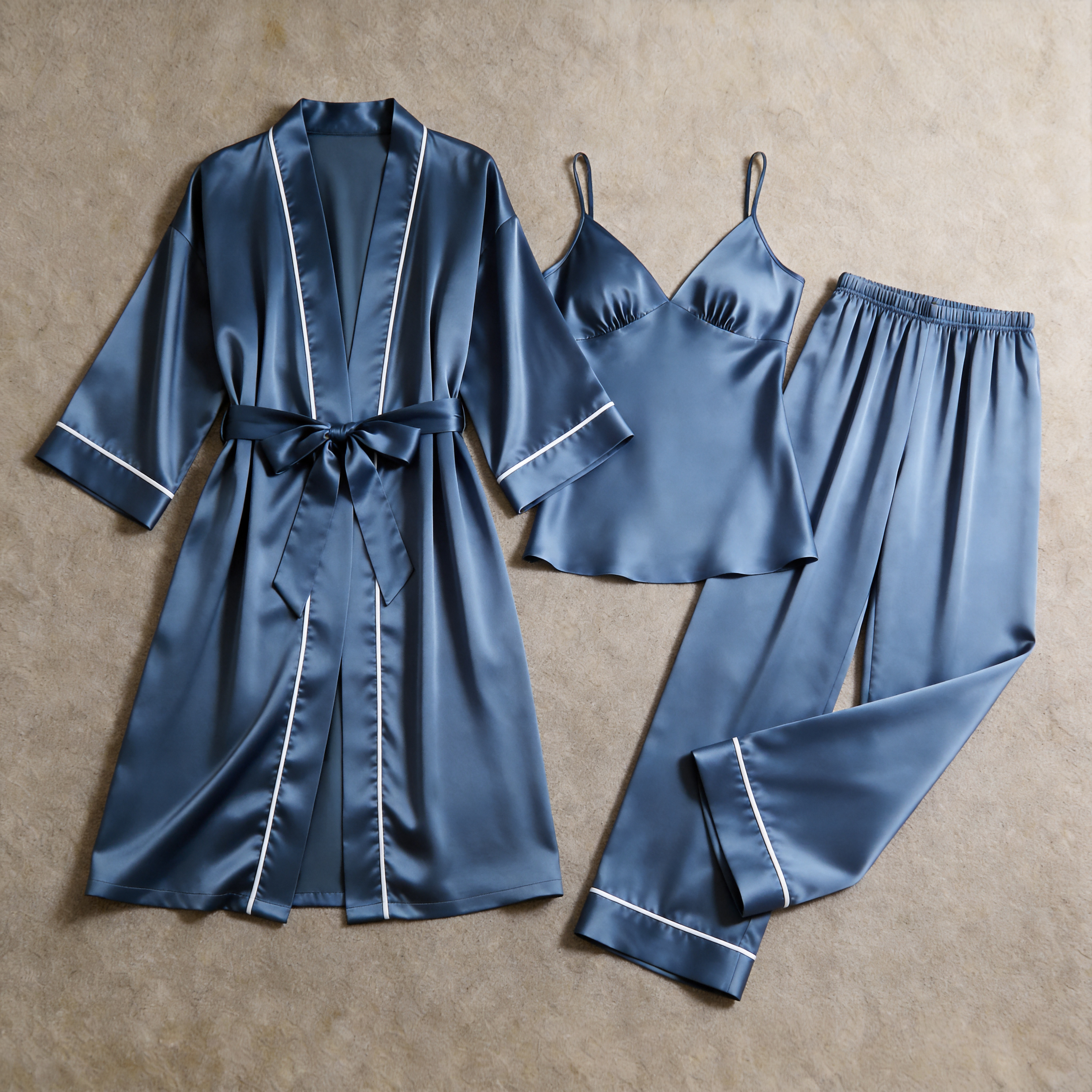 Women Solid Champagne Silky Satin Sleepwear Set - Cozy Camisole, Long Pants & Matching Robe