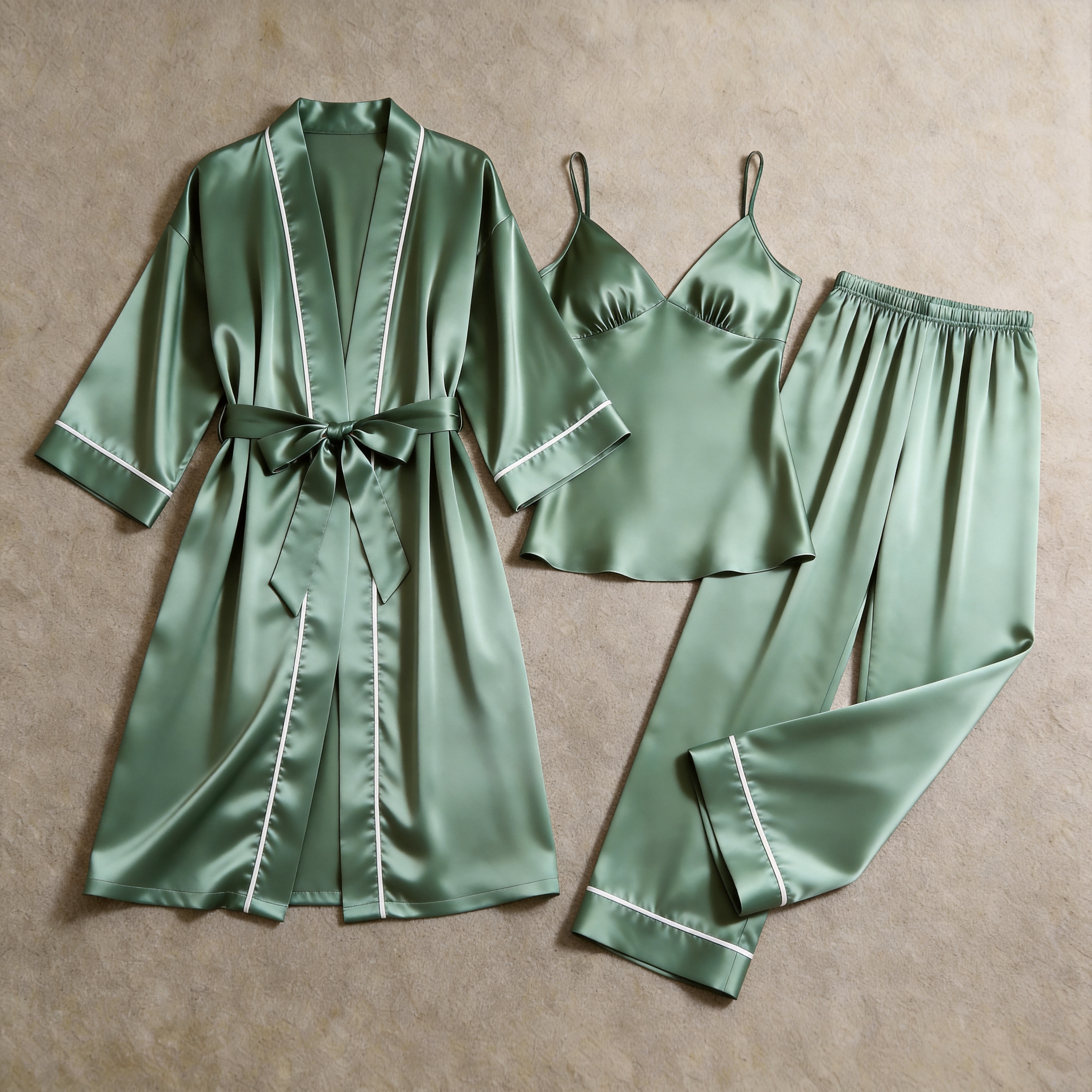 Solid Pearl White Silky Satin Sleepwear Set - Women's Cozy Camisole, Long Pants & Matching Robe
