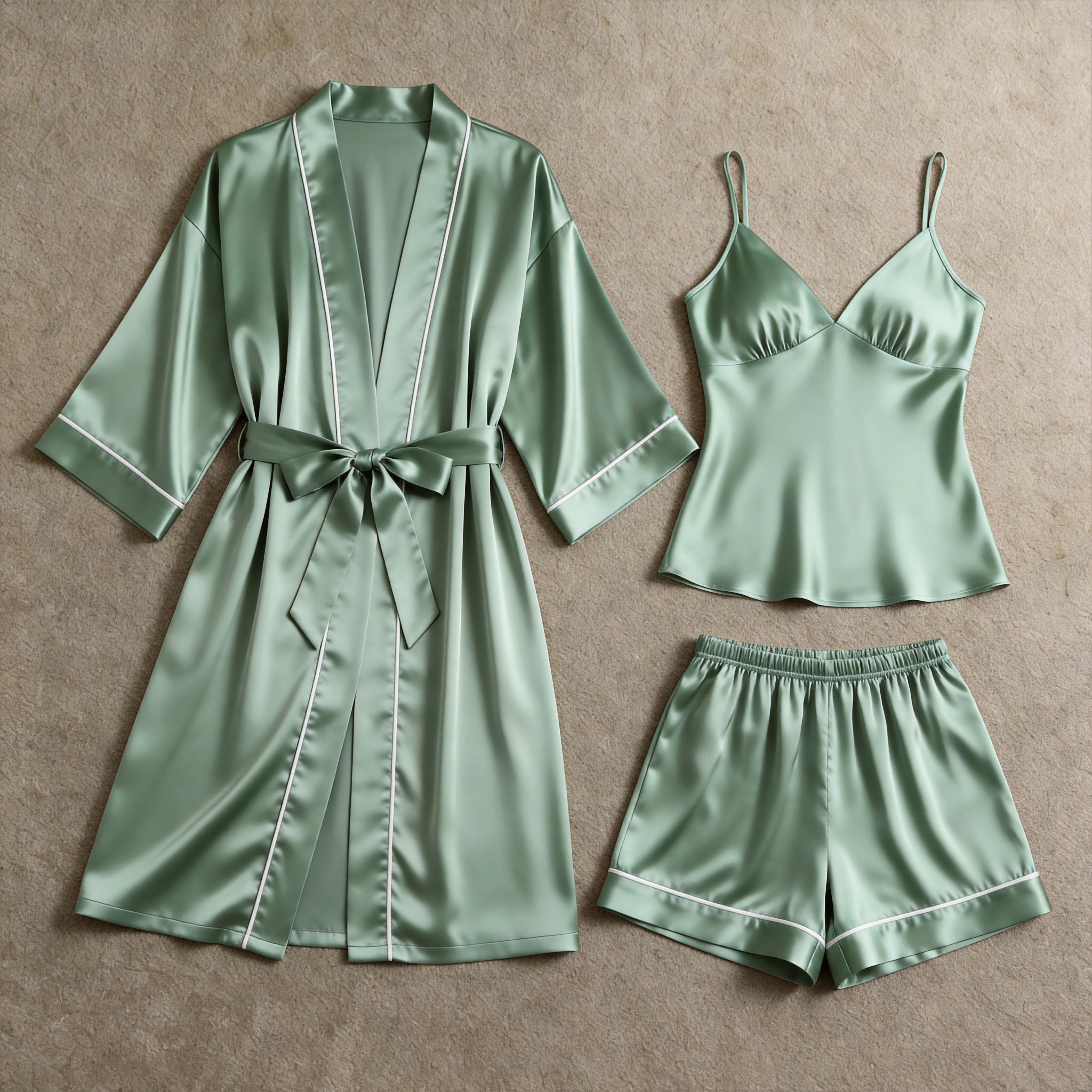 Solid Dusty Blue Satin 3-Piece Sleepwear Set for Women - Robe, Camisole & Shorts
