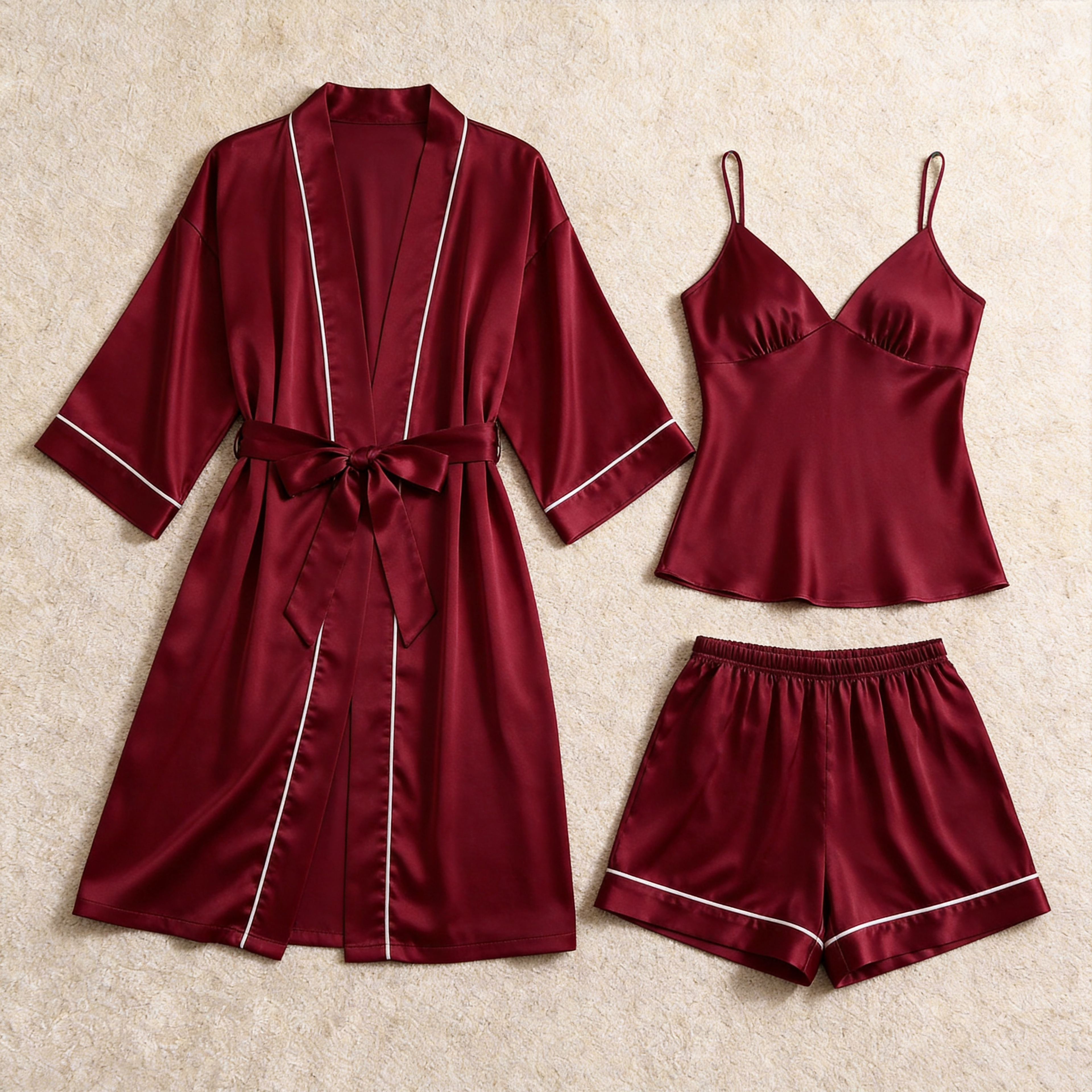 Solid Deep Olive Satin 3-Piece Sleepwear Set for Women - Robe, Camisole & Shorts