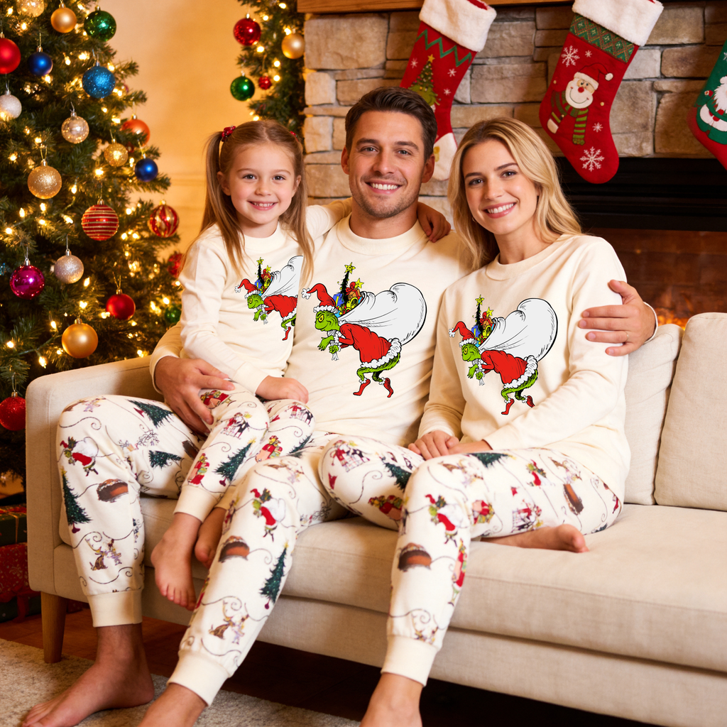 Grinch Family Christmas Pajamas | Cream Matching Holiday Sleepwear Set