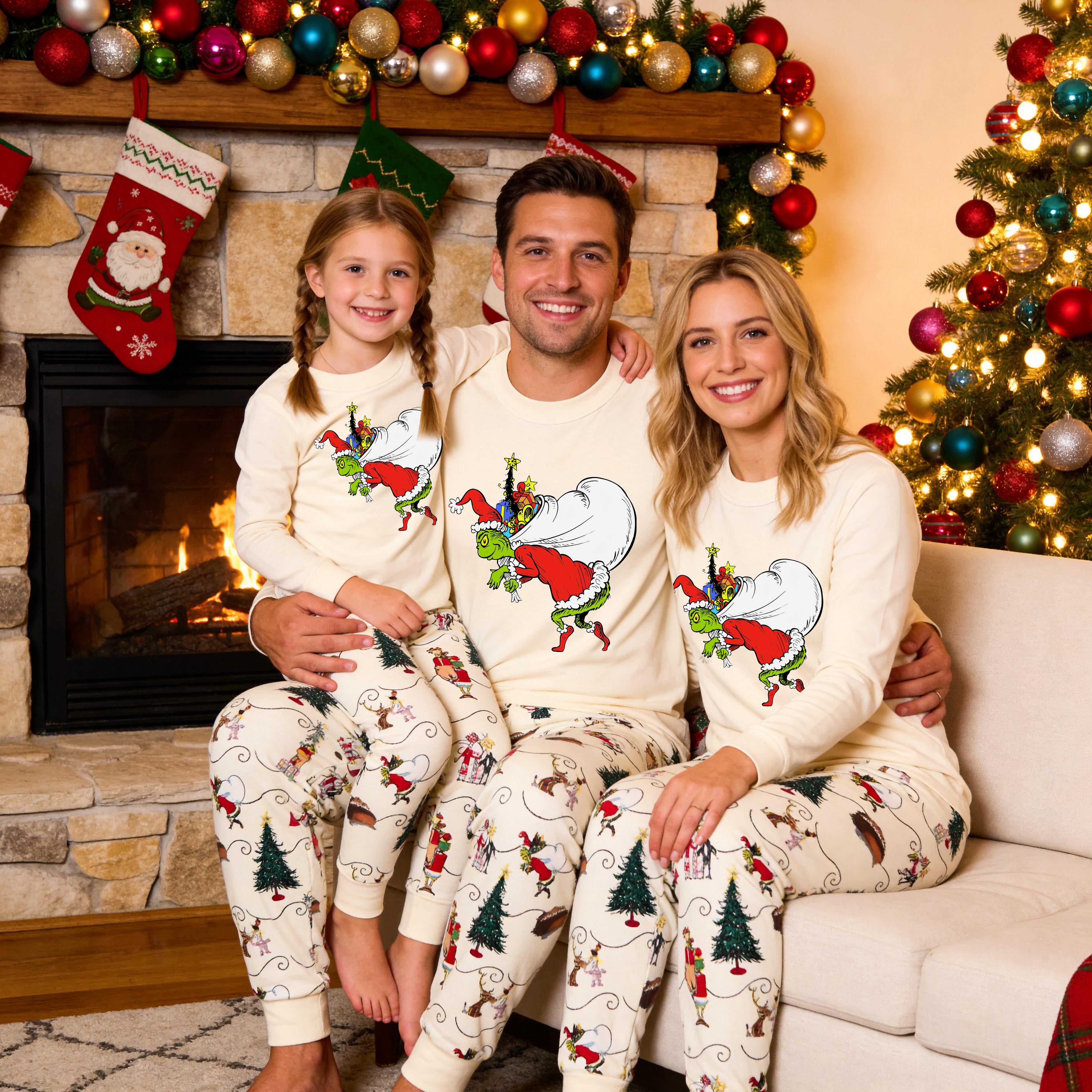 Grinch Family Christmas Pajamas | Cream Matching Holiday Sleepwear Set