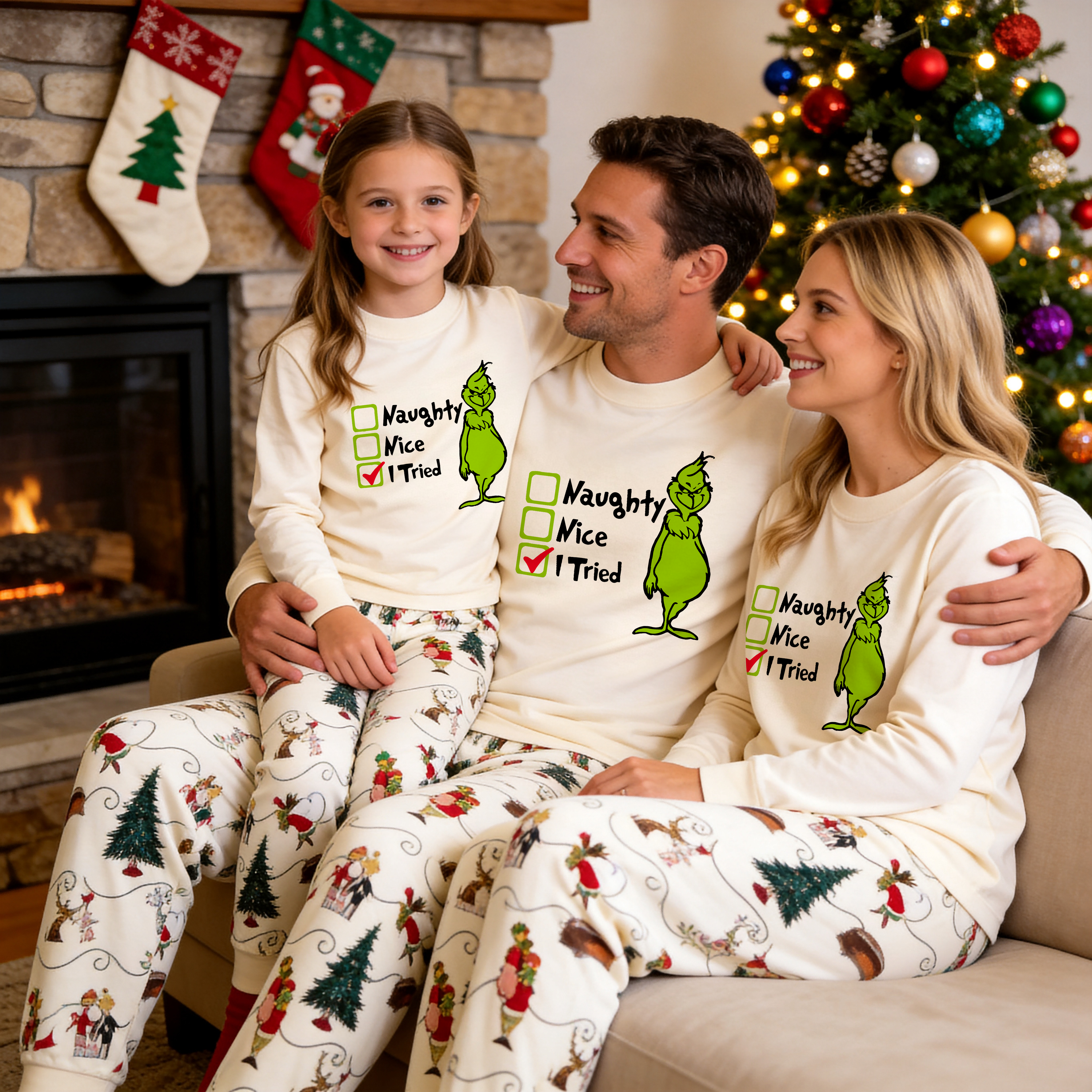 Beige Christmas Pattern Print Christmas Pajamas Set With Grinch and Funny Text Print
