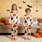 Cream Pumpkin & Witch Hat Print Satin Button-Up Family Halloween Pajamas Set