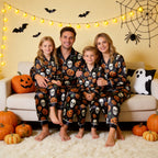 Black Skull & Pumpkin Print Satin Button-Up Family Halloween Pajamas Set