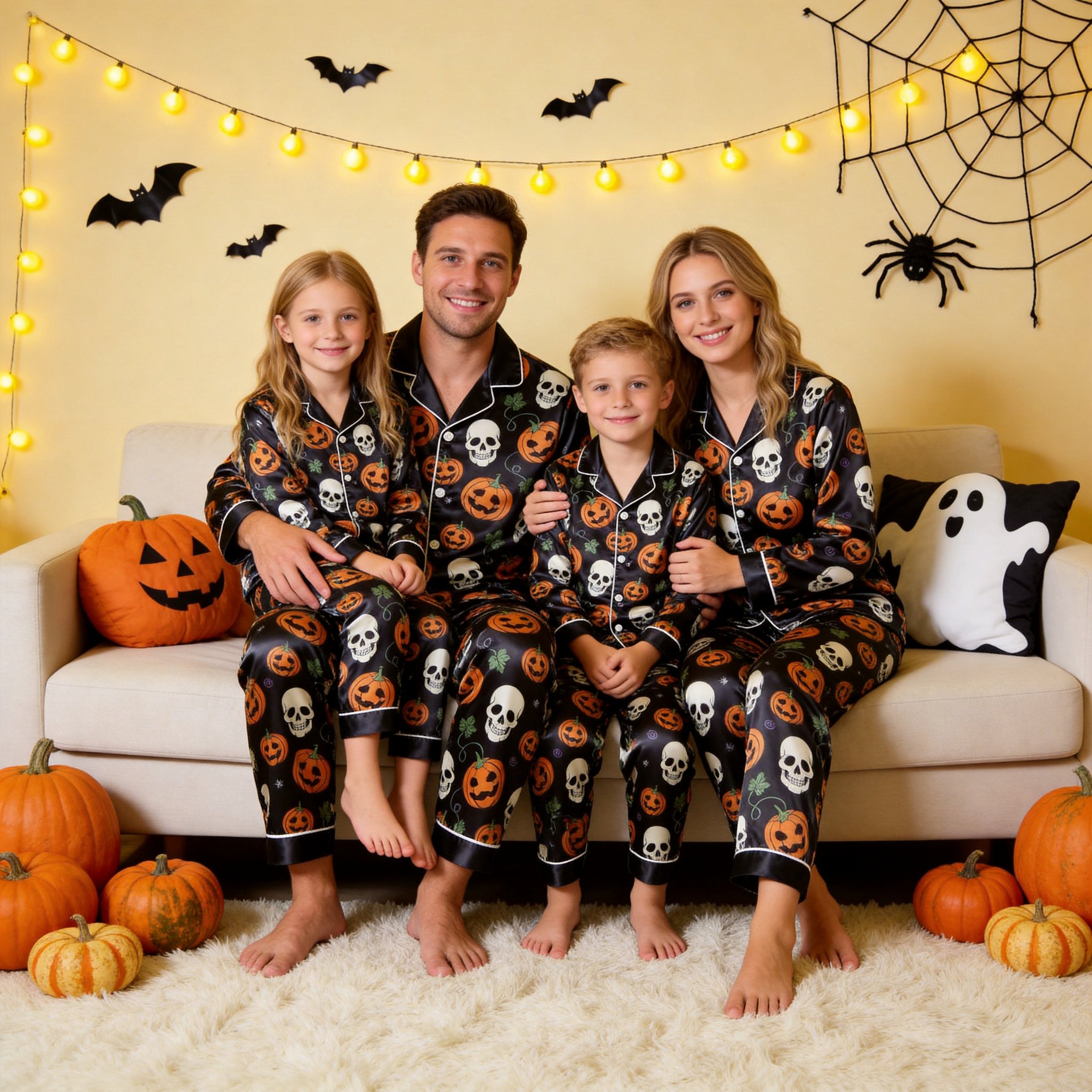 Black Skull & Pumpkin Print Satin Button-Up Family Halloween Pajamas Set